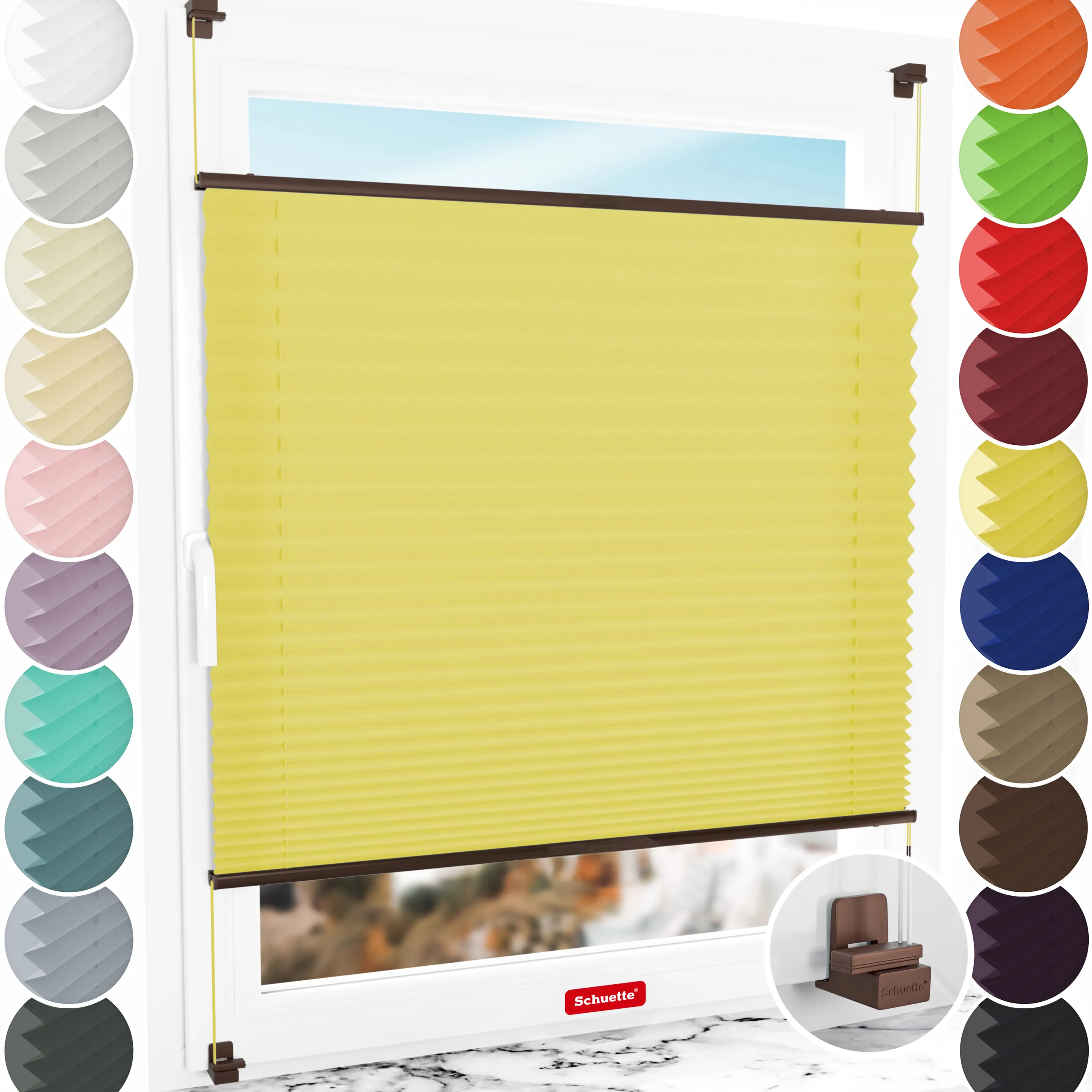 Schuette® Plissee ohne Bohren nach Maß • Suprafix Klemmhalter "X" • Premium Kollektion: Summer Time (Gelb) • Profilfarbe: Braun