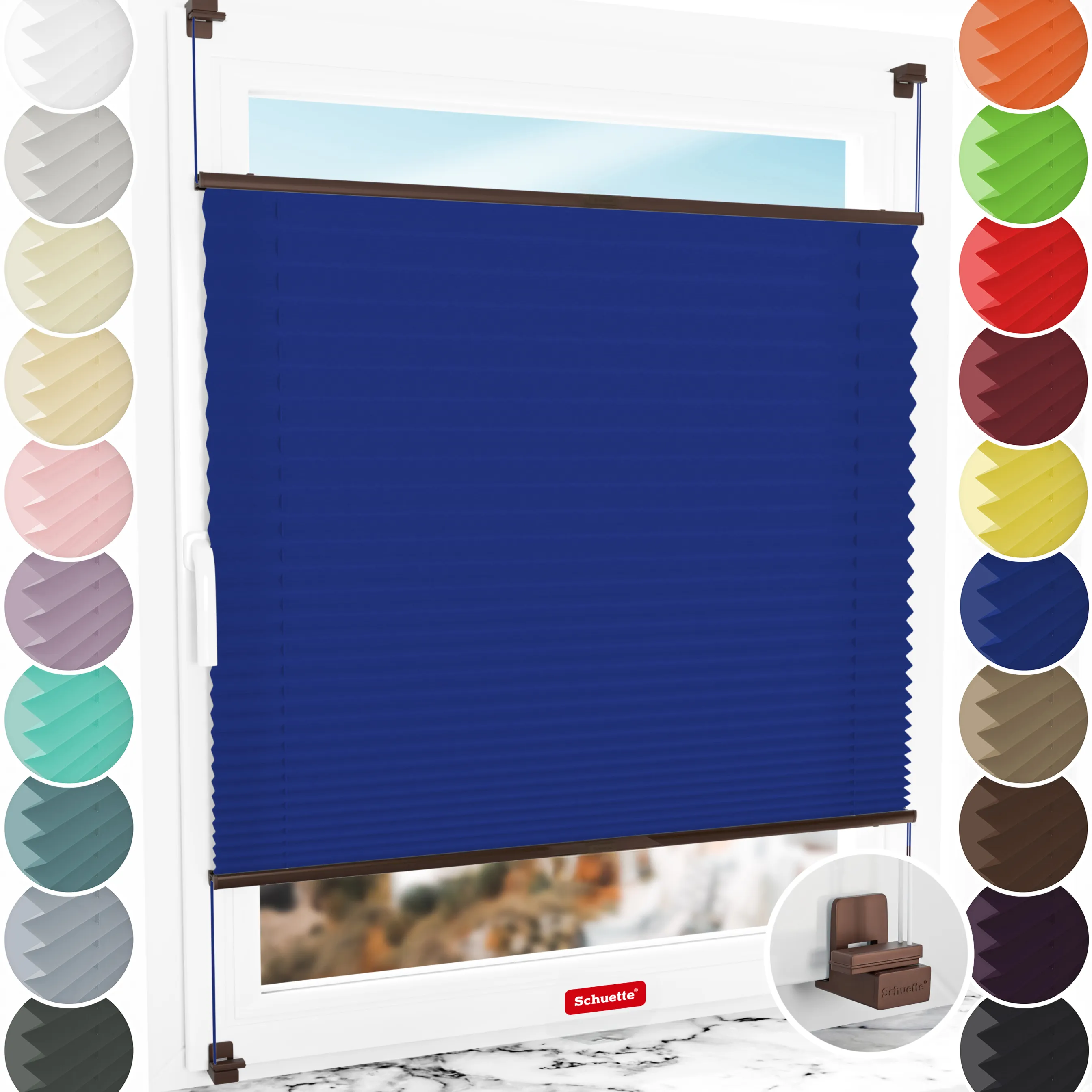 Schuette® Plissee ohne Bohren nach Maß • Suprafix Klemmhalter "X" • Premium Kollektion: Deep Lagoon (Blau) • Profilfarbe: Braun