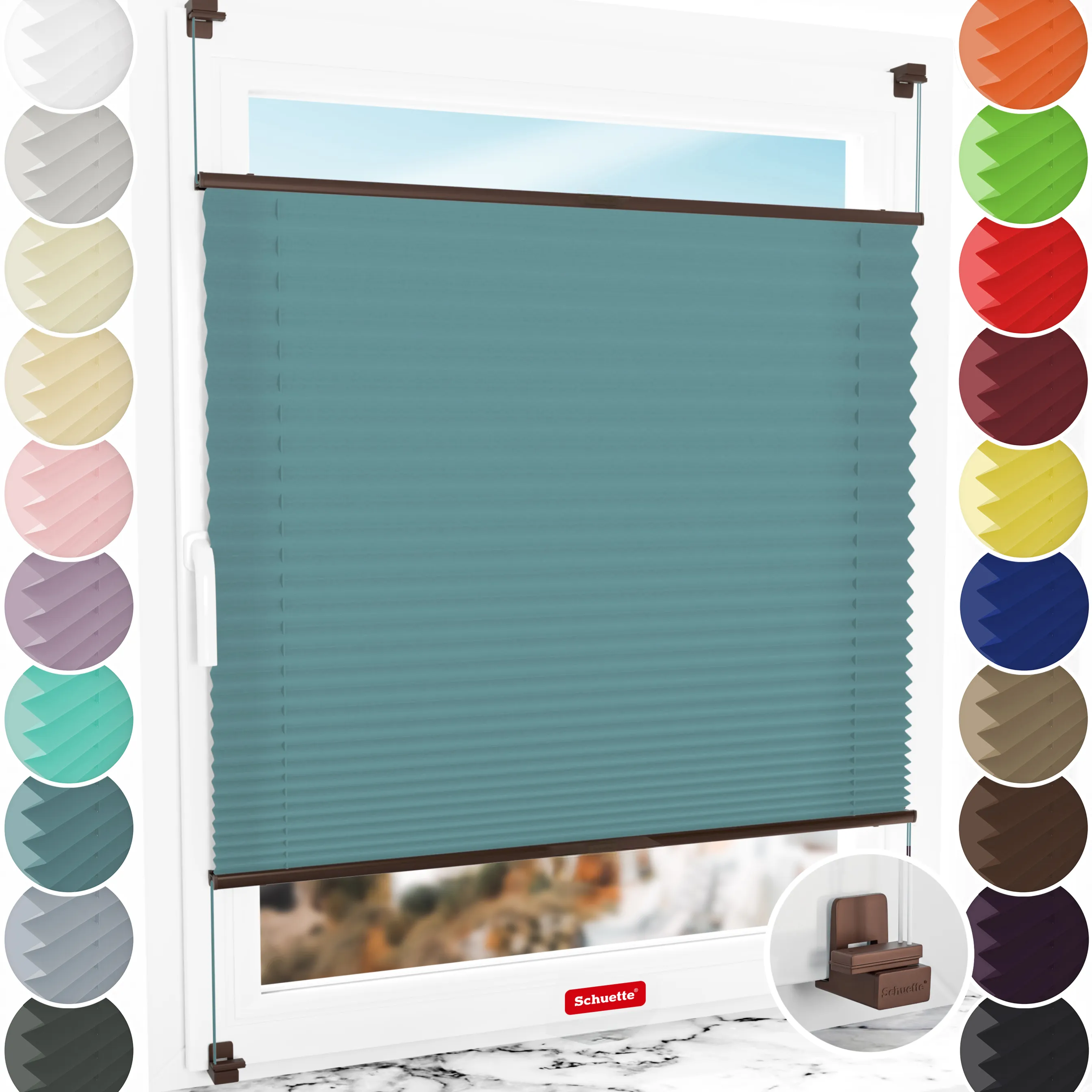 Schuette® Plissee ohne Bohren nach Maß • Suprafix Klemmhalter "X" • Premium Kollektion: Cove Calm (Taubenblau) • Profilfarbe: Braun