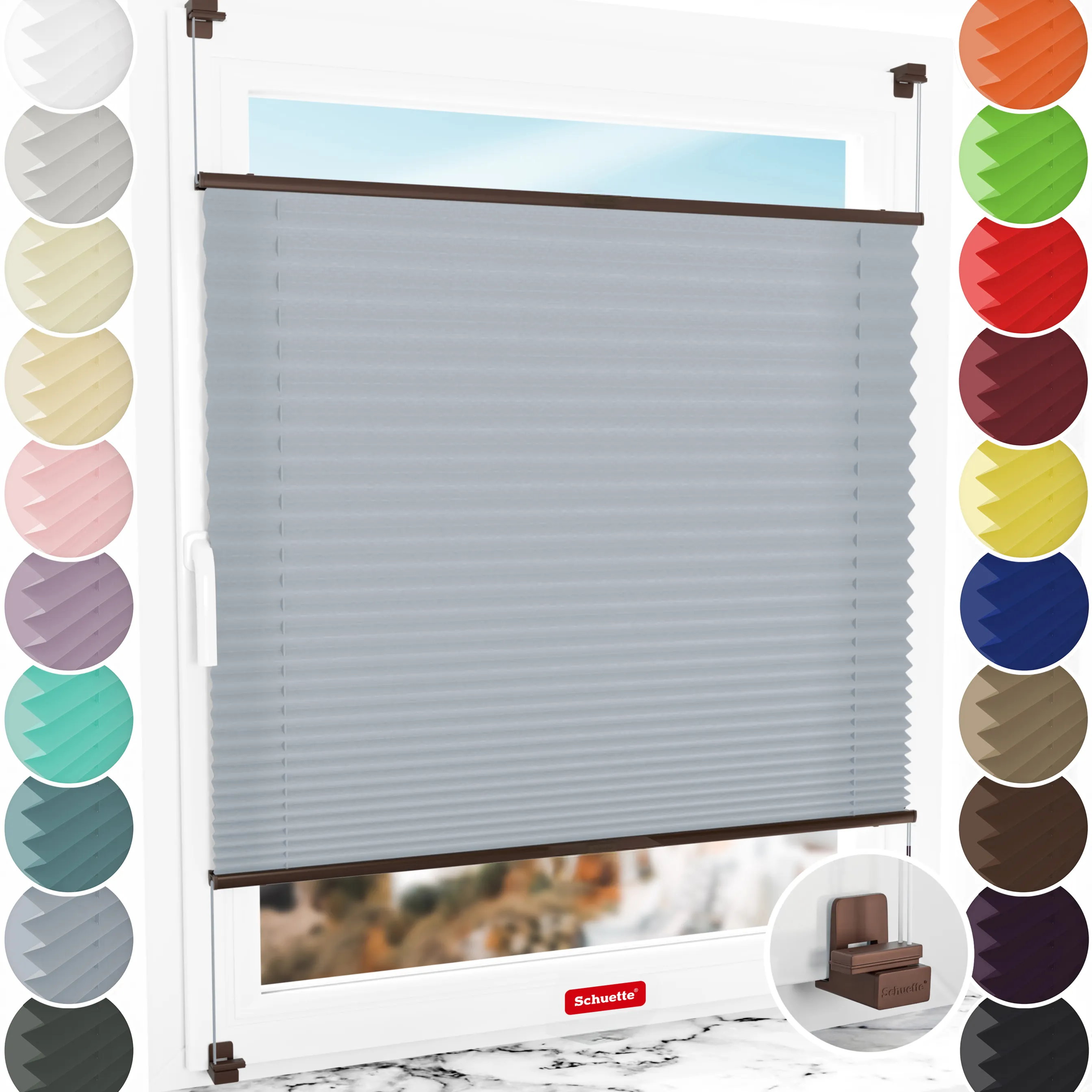 Schuette® Plissee ohne Bohren nach Maß • Suprafix Klemmhalter "X" • Premium Kollektion: Silver Sonata (Grau) • Profilfarbe: Braun