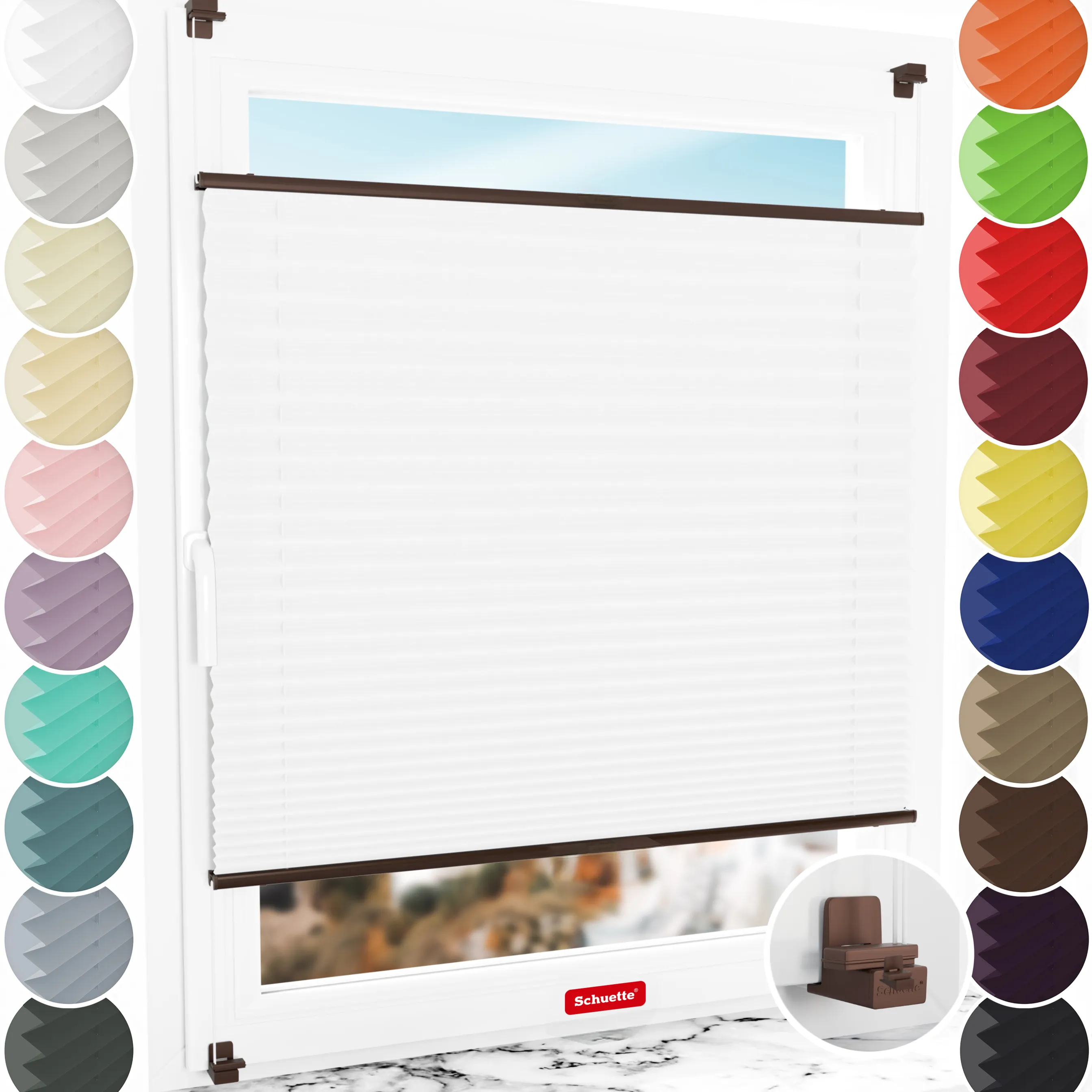 Schuette® Plissee ohne Bohren nach Maß • Suprafix Klemmhalter "X" • Thermo Kollektion: White Day (Weiß) • Profilfarbe: Braun