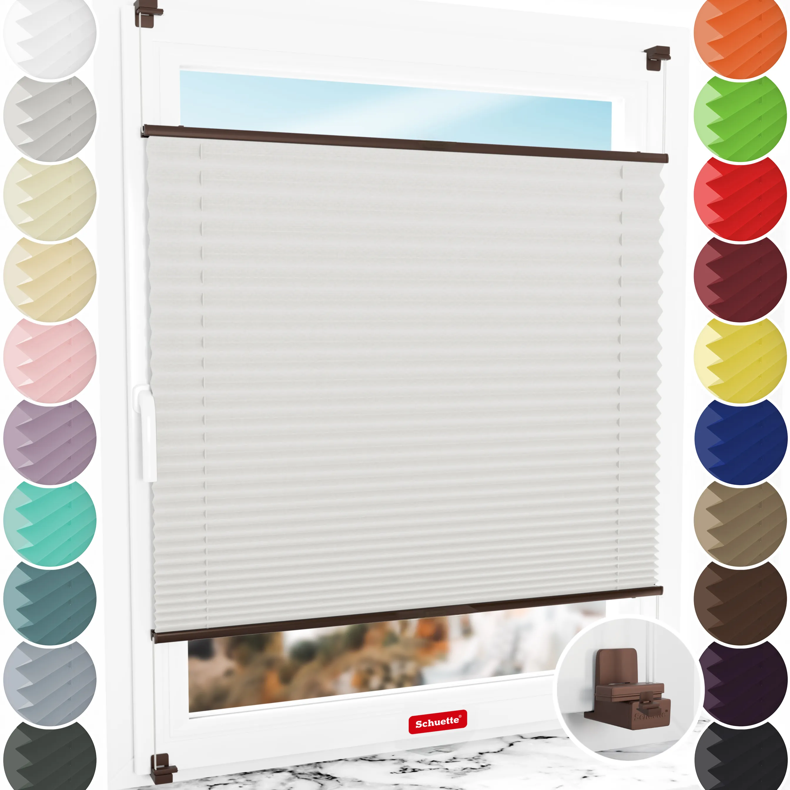 Schuette® Plissee ohne Bohren nach Maß • Suprafix Klemmhalter "X" • Thermo Kollektion: Spring Cloud (Grau) • Profilfarbe: Braun