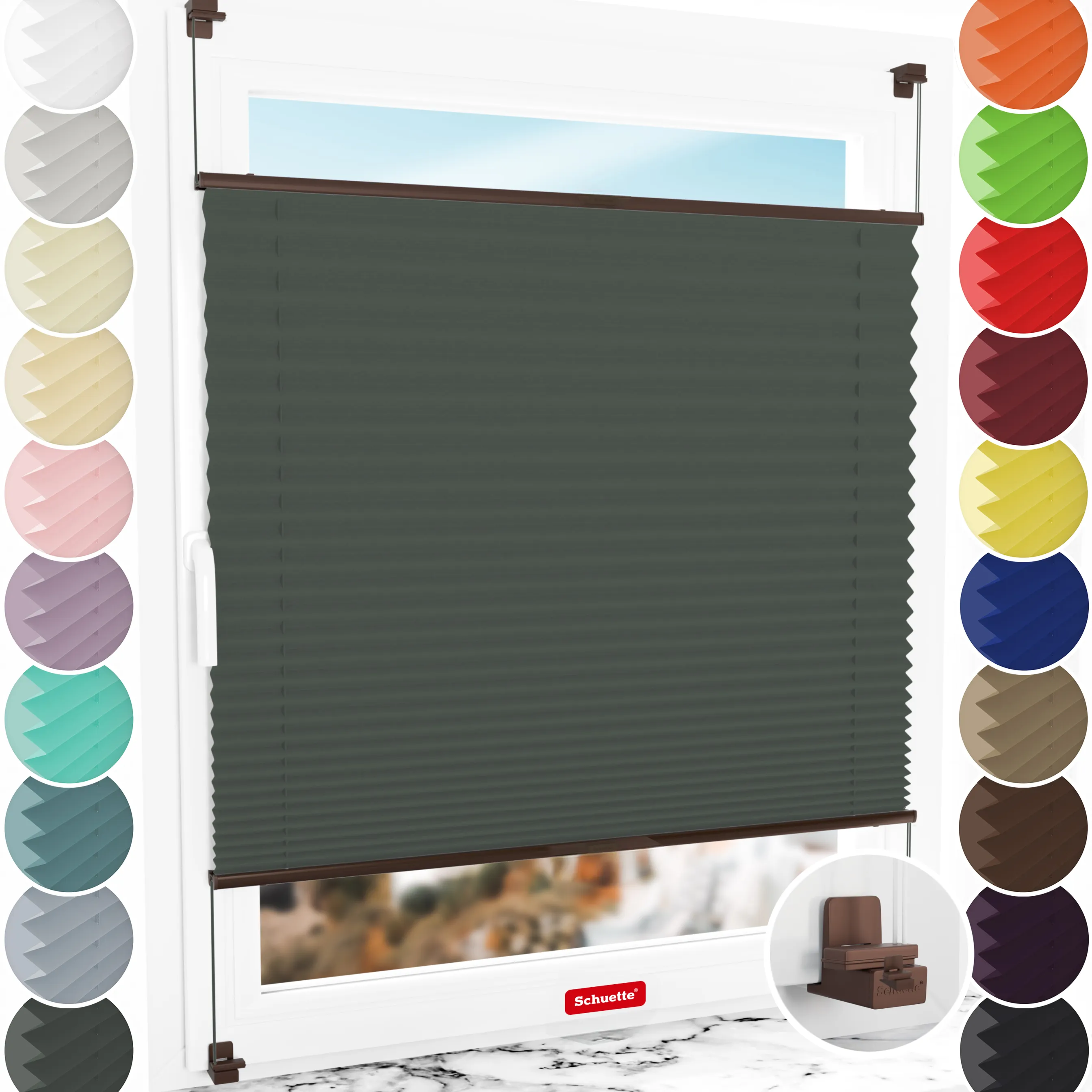 Schuette® Plissee ohne Bohren nach Maß • Suprafix Klemmhalter "X" • Thermo Kollektion: Before Storm (Grau) • Profilfarbe: Braun