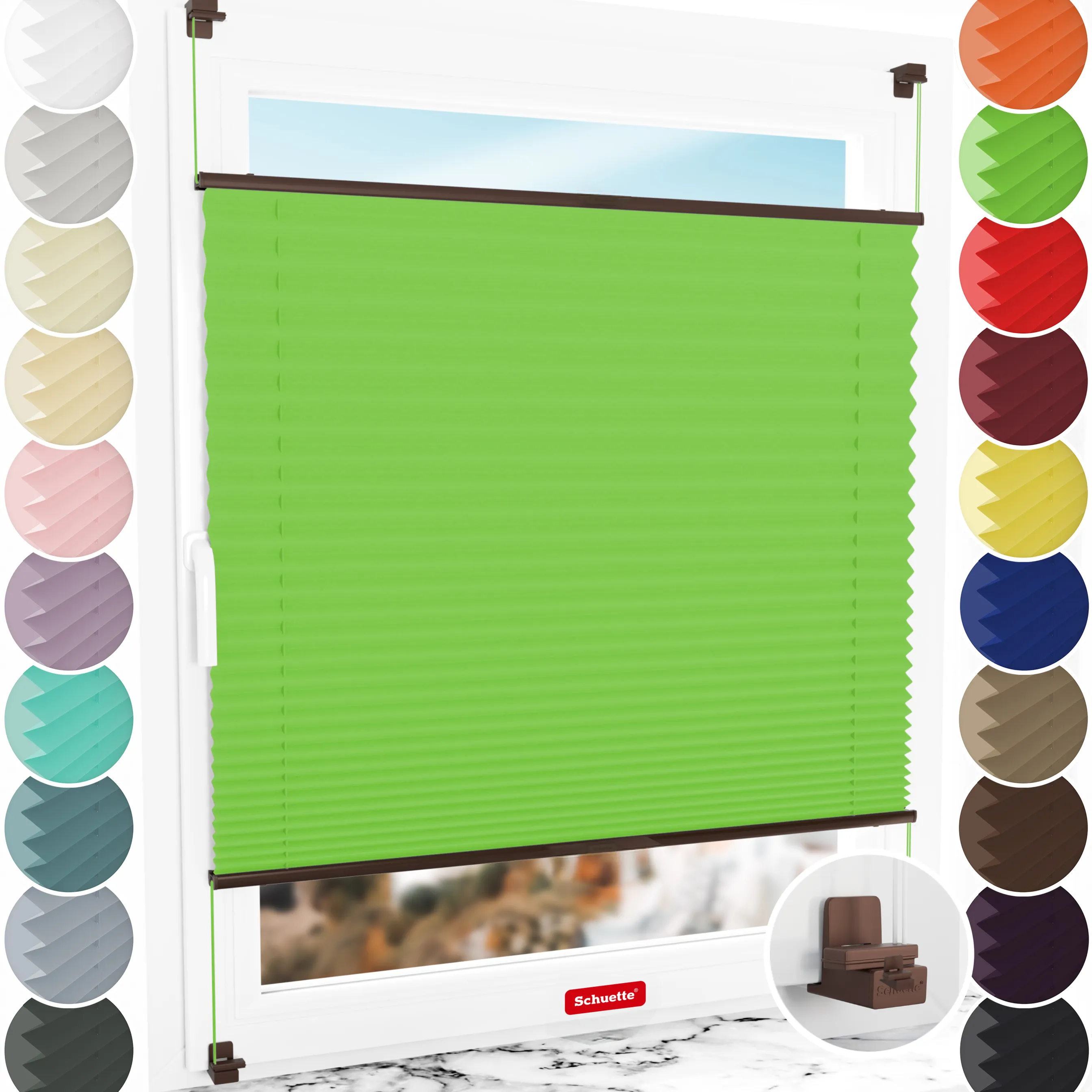 Schuette® Plissee ohne Bohren nach Maß • Suprafix Klemmhalter "X" • Thermo Kollektion: Leaf Joy (Grün) • Profilfarbe: Braun