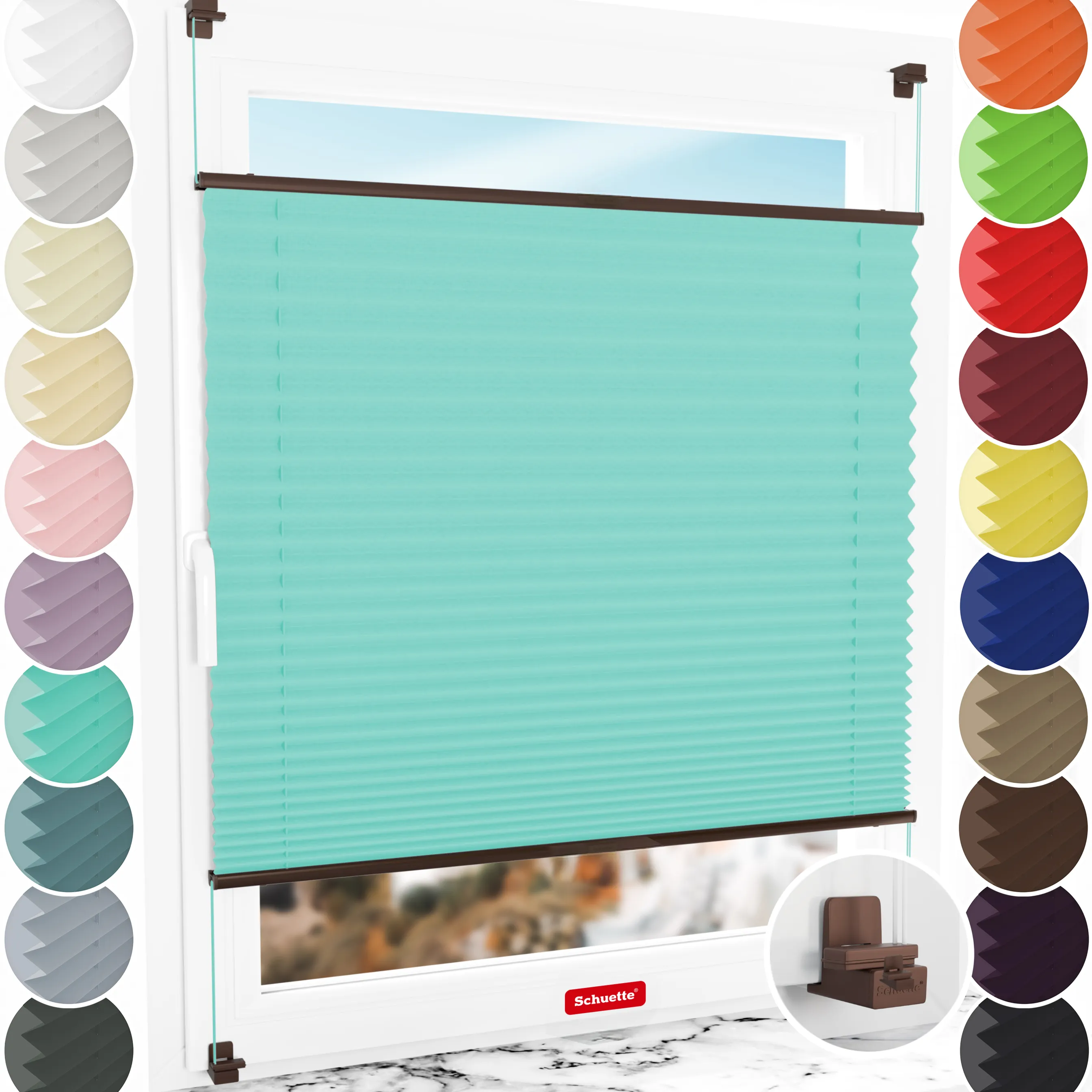 Schuette® Plissee ohne Bohren nach Maß • Suprafix Klemmhalter "X" • Thermo Kollektion: Tide Tune (Türkis) • Profilfarbe: Braun
