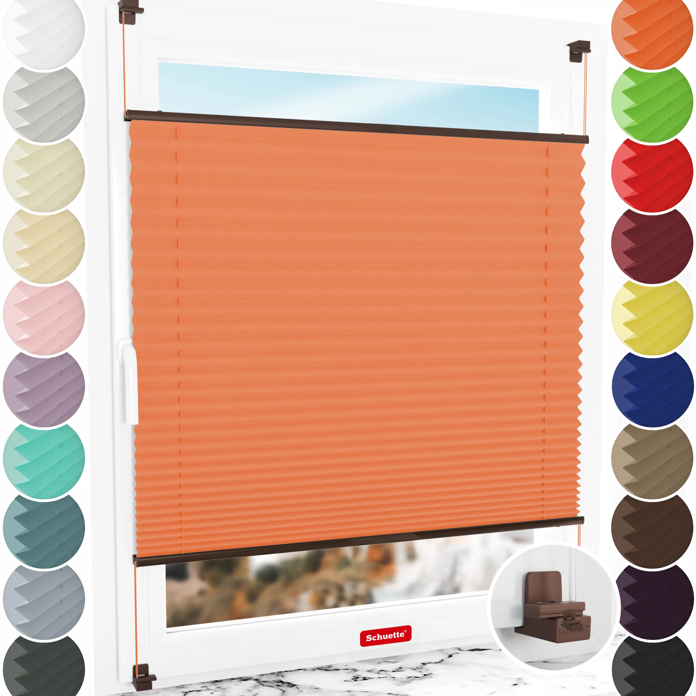 Schuette® Plissee ohne Bohren nach Maß • Suprafix Klemmhalter "X" • Thermo Kollektion: Peach (Orange) • Profilfarbe: Braun