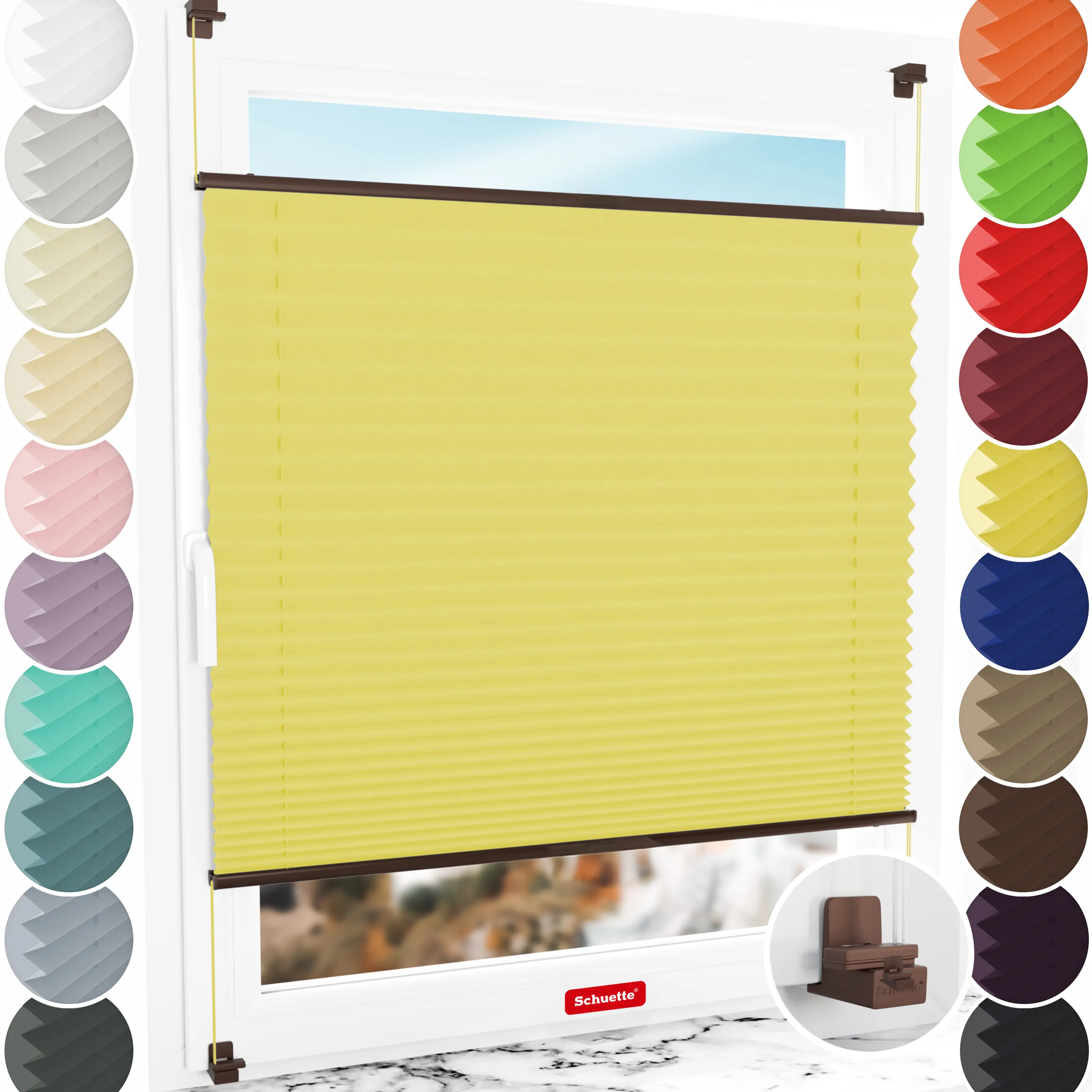 Schuette® Plissee ohne Bohren nach Maß • Suprafix Klemmhalter "X" • Thermo Kollektion: Sunflower (Gelb) • Profilfarbe: Braun