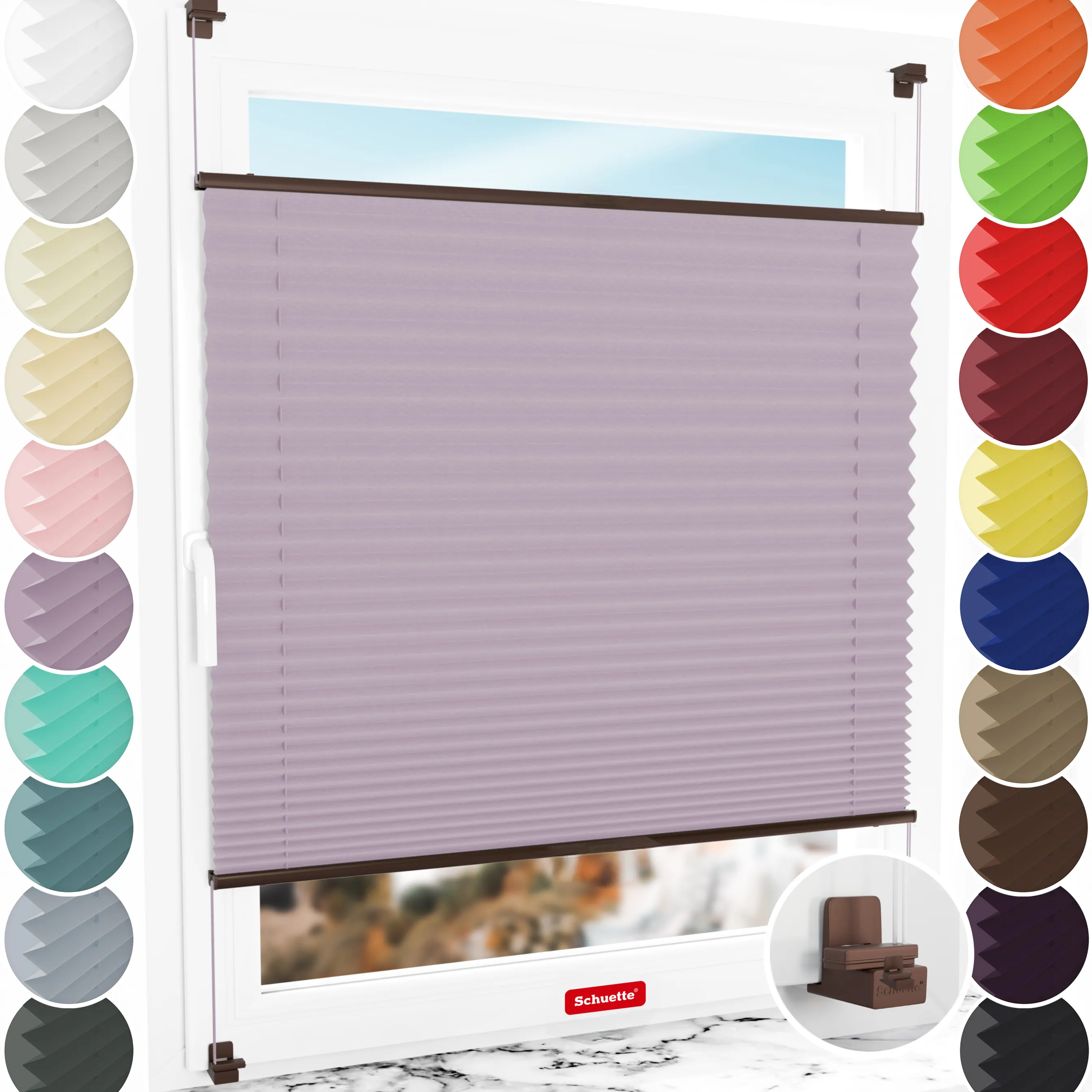 Schuette® Plissee ohne Bohren nach Maß • Suprafix Klemmhalter "X" • Thermo Kollektion: Pastel Grape (lila) • Profilfarbe: Braun