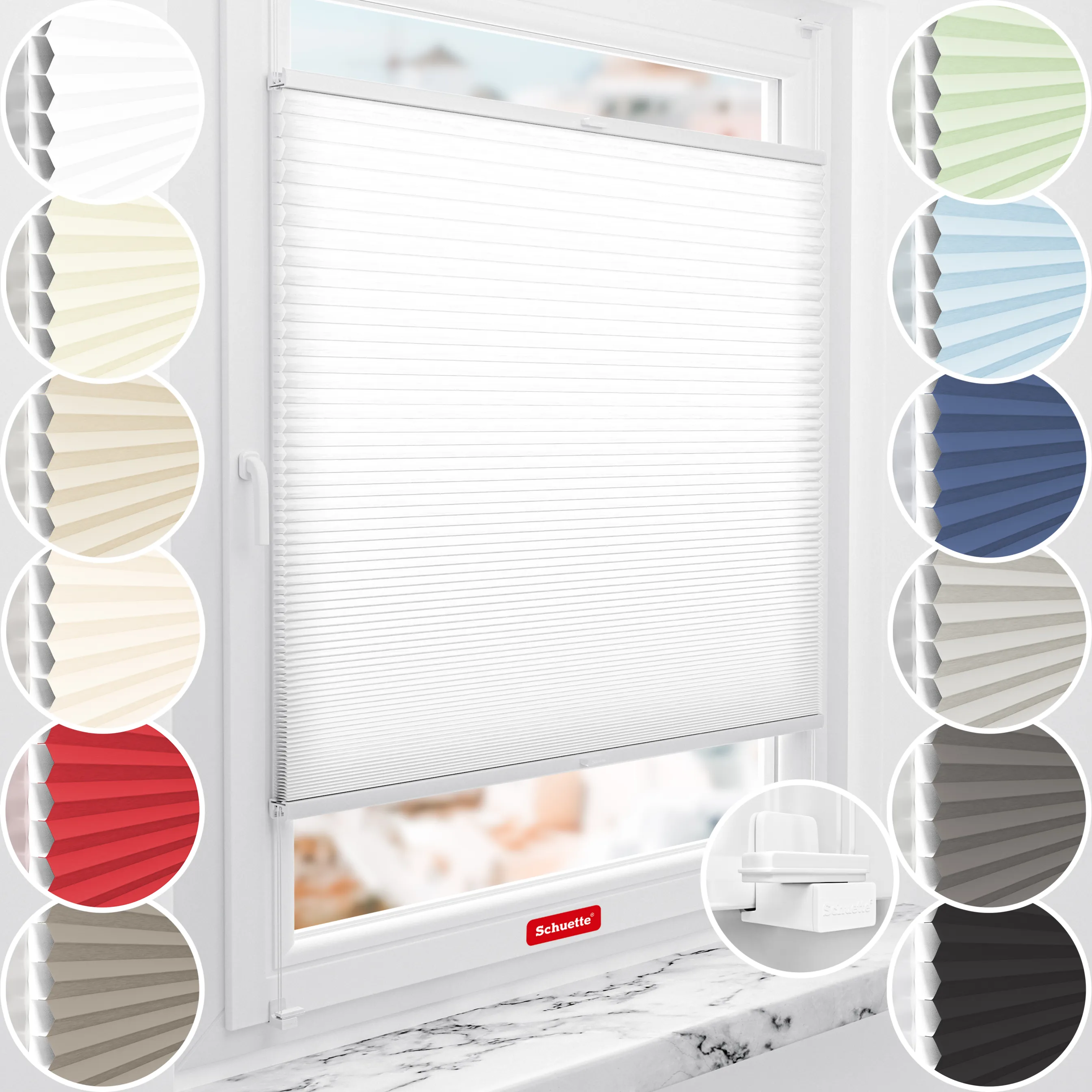 Schuette® Wabenplissee ohne Bohren nach Maß • Suprafix Klemmhalter "X" • Thermo x Honey Kollektion: Coconut Kiss (Weiß) • Profilfarbe: Braun