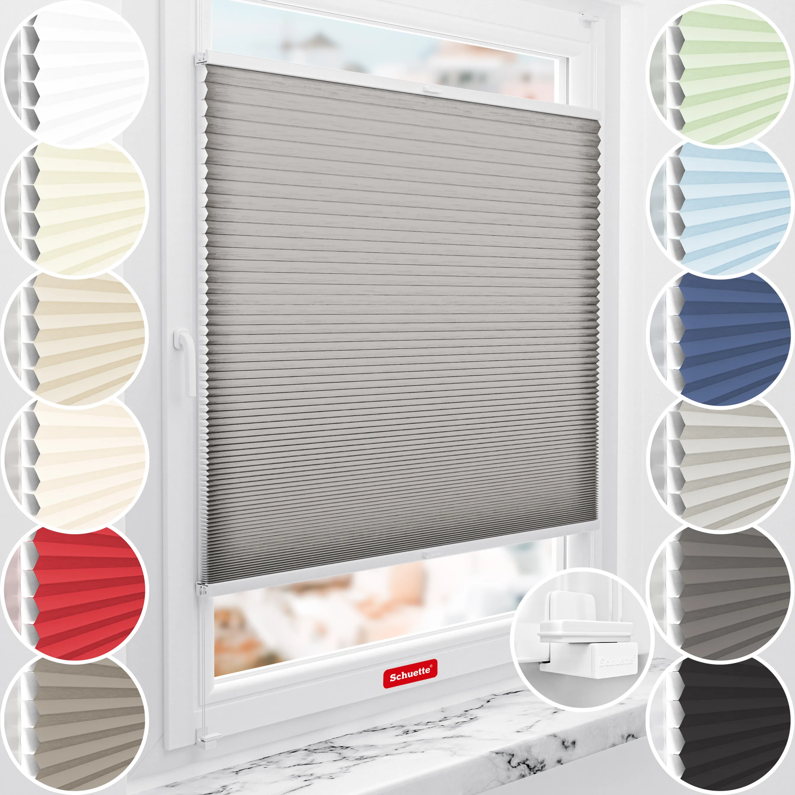 Schuette® Wabenplissee ohne Bohren nach Maß • Suprafix Klemmhalter "X" • Thermo x Honey Kollektion: Overbaked (Grau) • Profilfarbe: Anthrazit