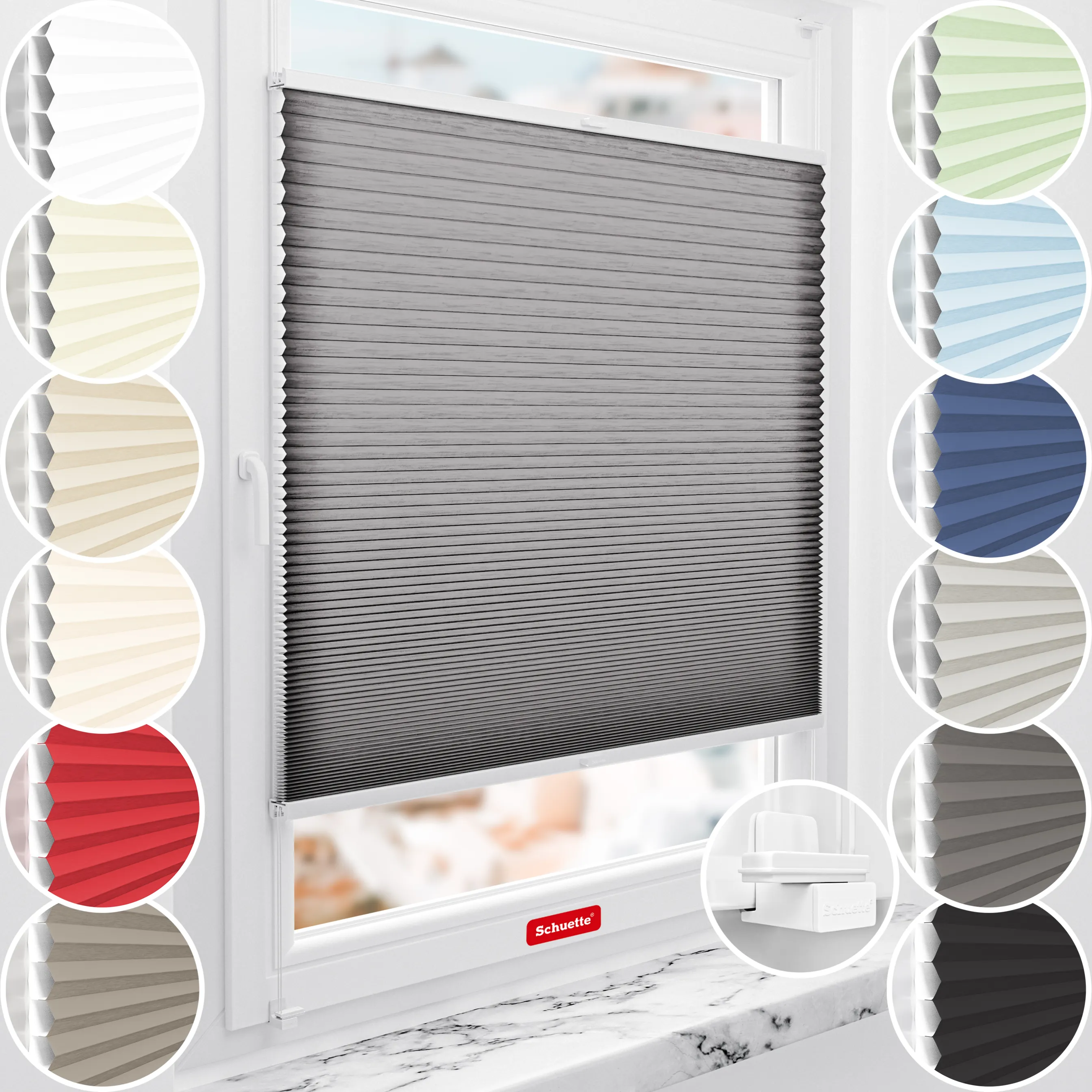 Schuette® Wabenplissee ohne Bohren nach Maß • Suprafix Klemmhalter "X" • Thermo x Honey Kollektion: Midnight Snack (Schwarz) • Profilfarbe: Walnuss