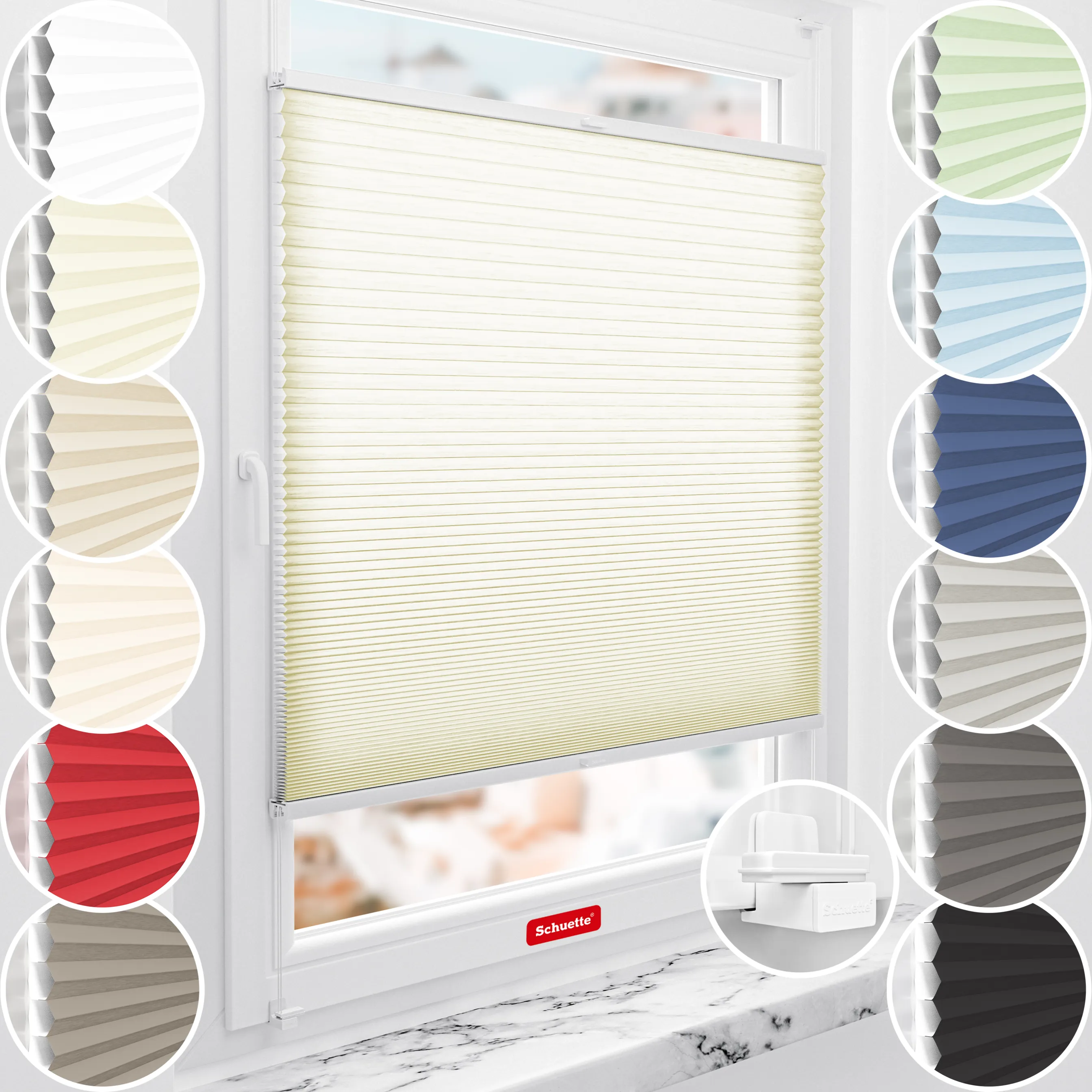 Schuette® Wabenplissee ohne Bohren nach Maß • Suprafix Klemmhalter "X" • Thermo x Honey Kollektion: Butterlight (Beige) • Profilfarbe: Walnuss