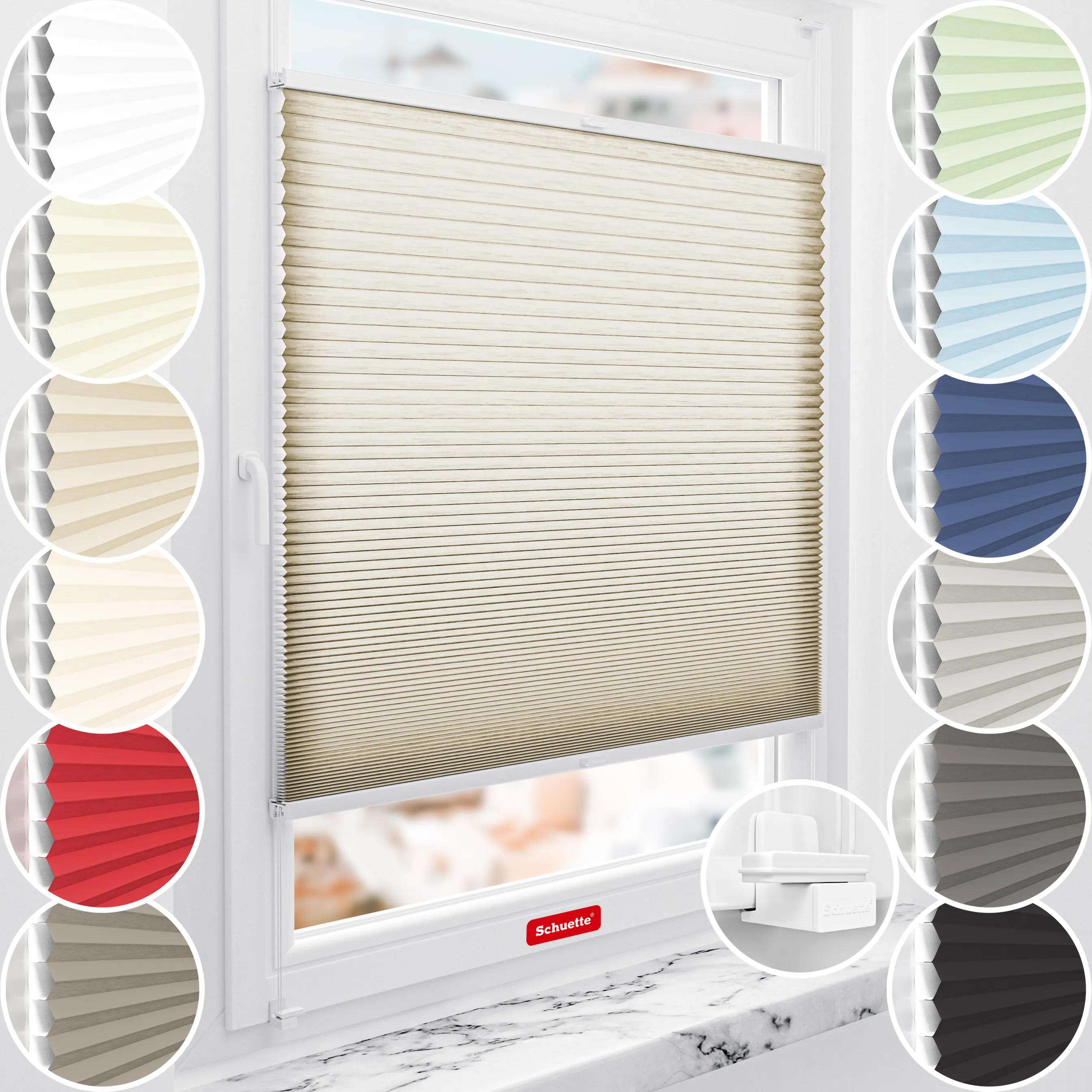 Schuette® Wabenplissee ohne Bohren nach Maß • Suprafix Klemmhalter "X" • Thermo x Honey Kollektion: Latte Mood (Sandbeige) • Profilfarbe: Weiß