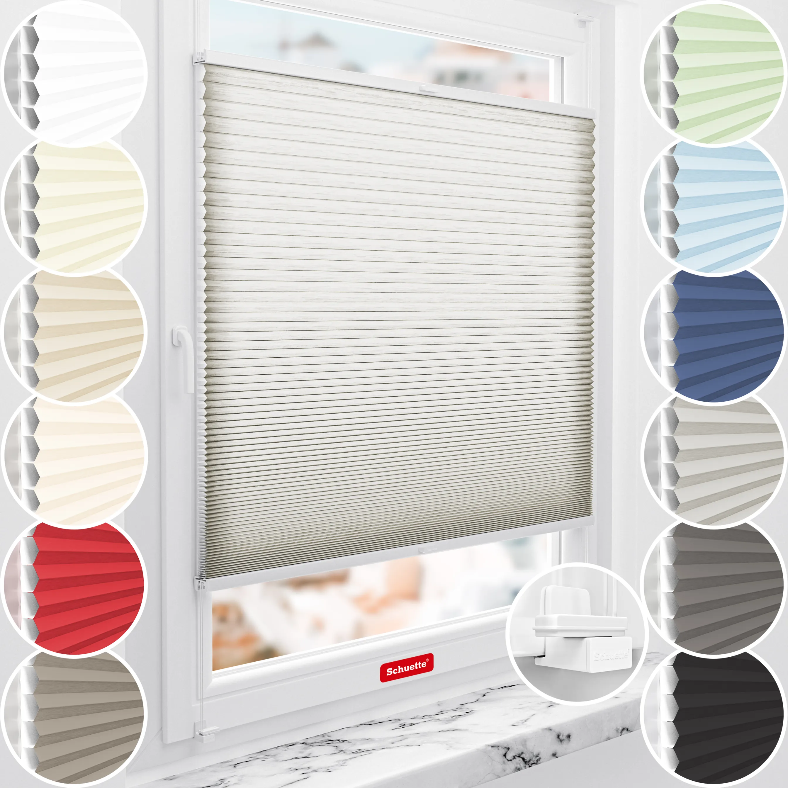 Schuette® Wabenplissee ohne Bohren nach Maß • Suprafix Klemmhalter "X" • Thermo x Honey Kollektion: Chia Later! (Grau) • Profilfarbe: Walnuss