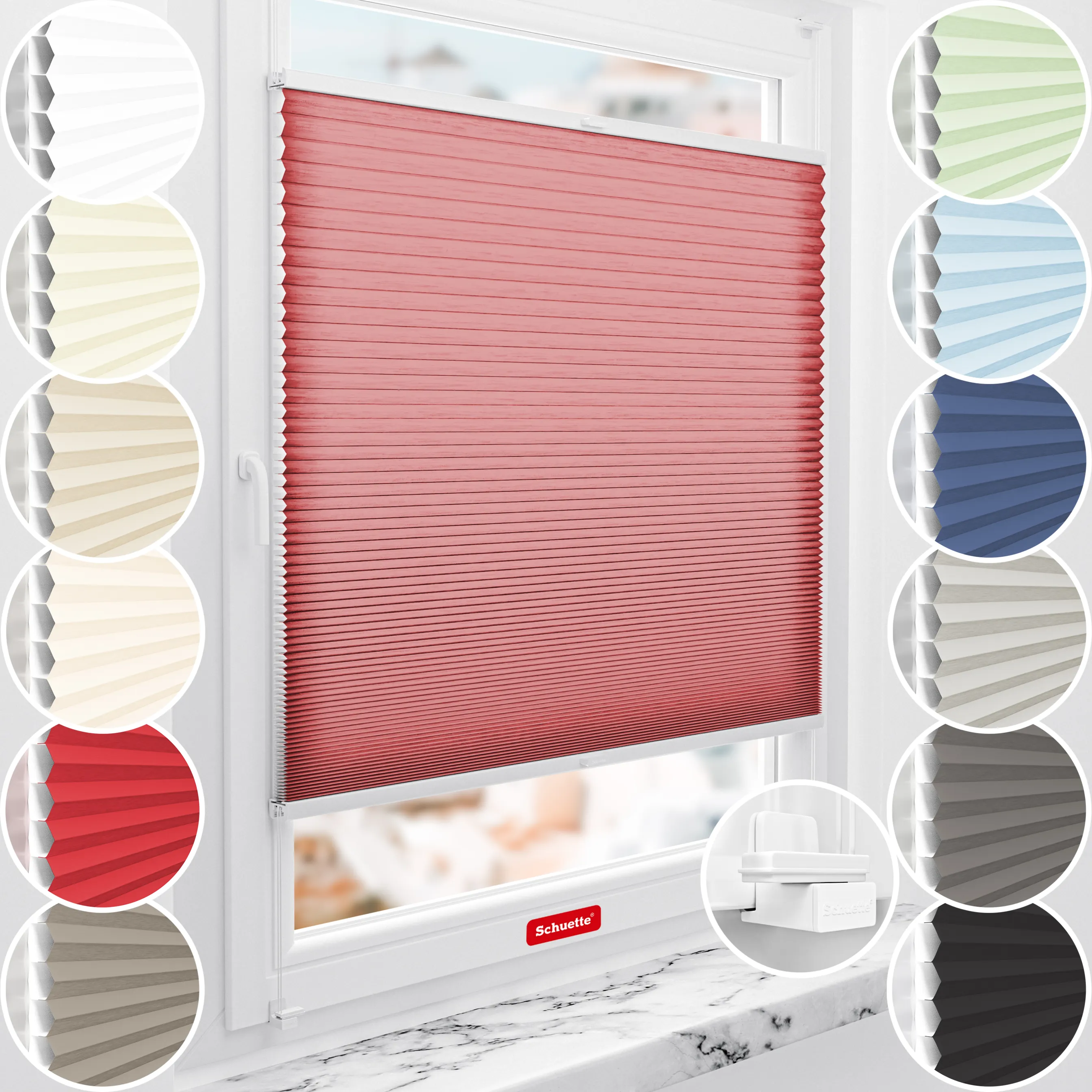 Schuette® Wabenplissee ohne Bohren nach Maß • Suprafix Klemmhalter "X" • Thermo x Honey Kollektion: Cherrished (Rot) • Profilfarbe: Braun