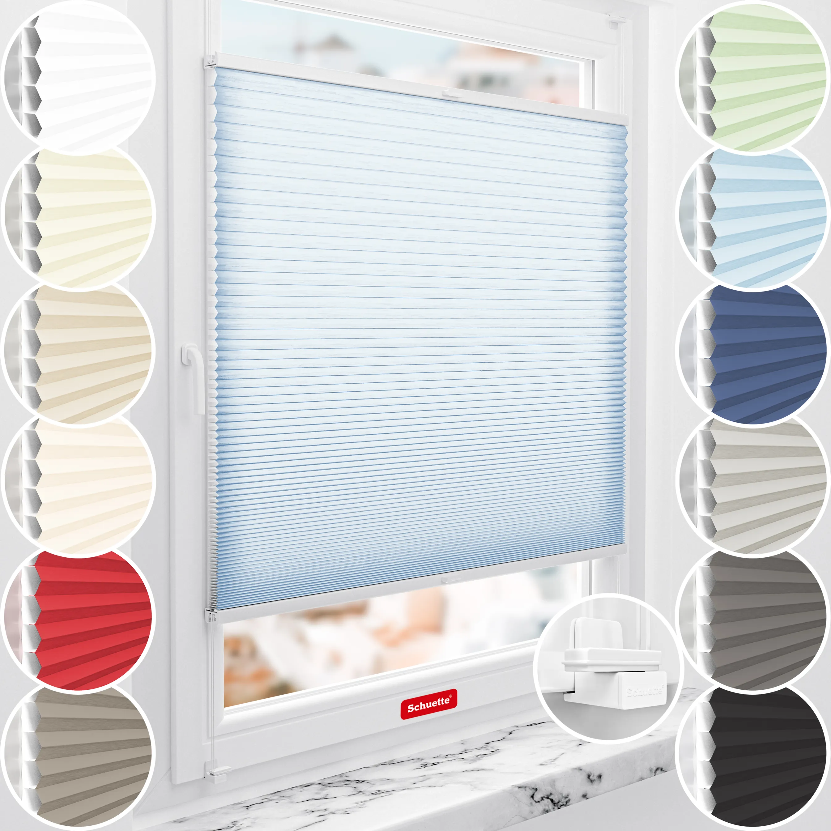 Schuette® Wabenplissee ohne Bohren nach Maß • Suprafix Klemmhalter "X" • Thermo x Honey Kollektion: Ice Pop (Hellblau) • Profilfarbe: Walnuss