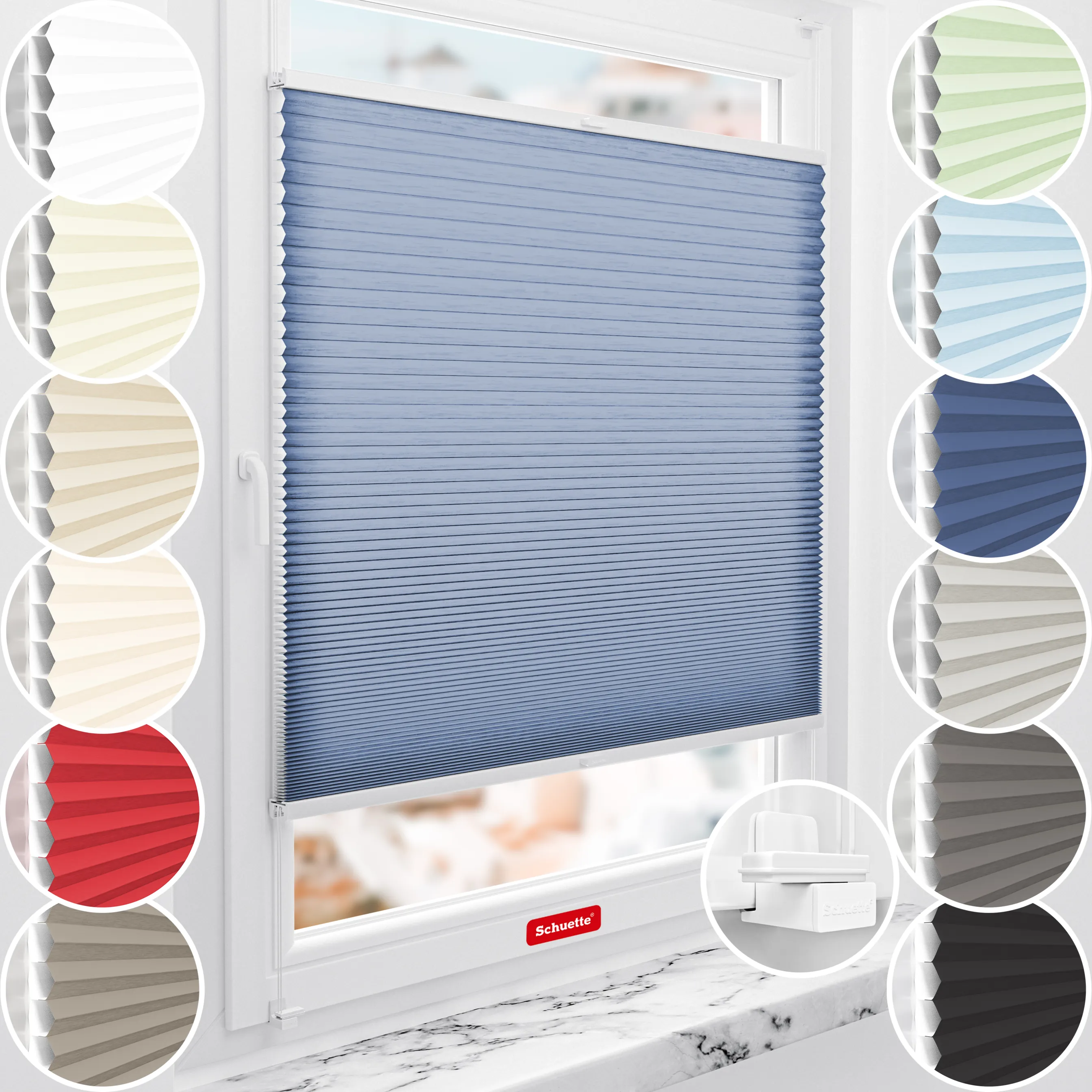 Schuette® Wabenplissee ohne Bohren nach Maß • Suprafix Klemmhalter "X" • Thermo x Honey Kollektion: Blue Velvet (Blau) • Profilfarbe: Eiche