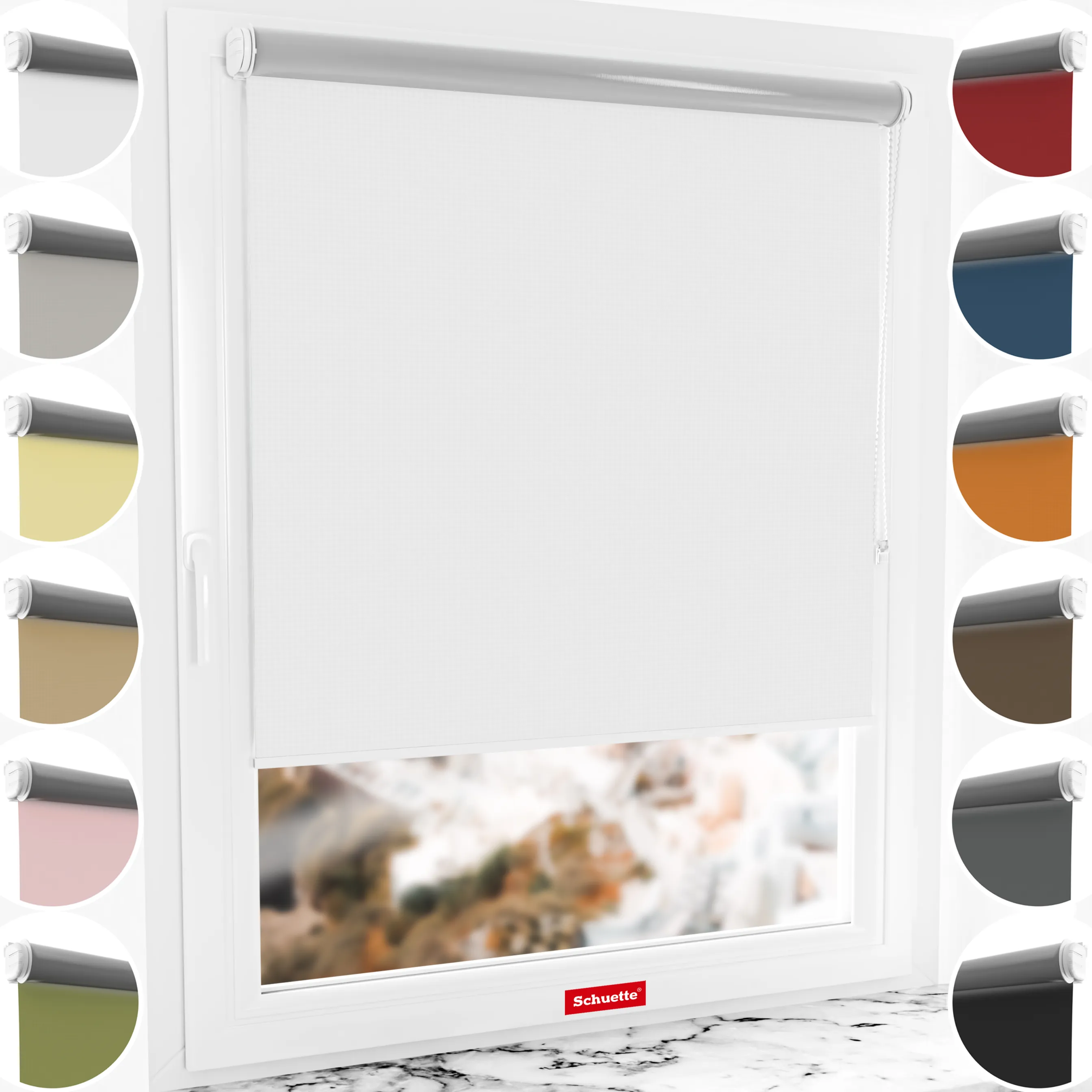 Schuette® Verdunkelungsrollo ohne Bohren & mit Bohren 2in1 nach Maß ● Kollektion Thermo Blackout: Snowflake (Weiß) ● Profilfarbe: Braun