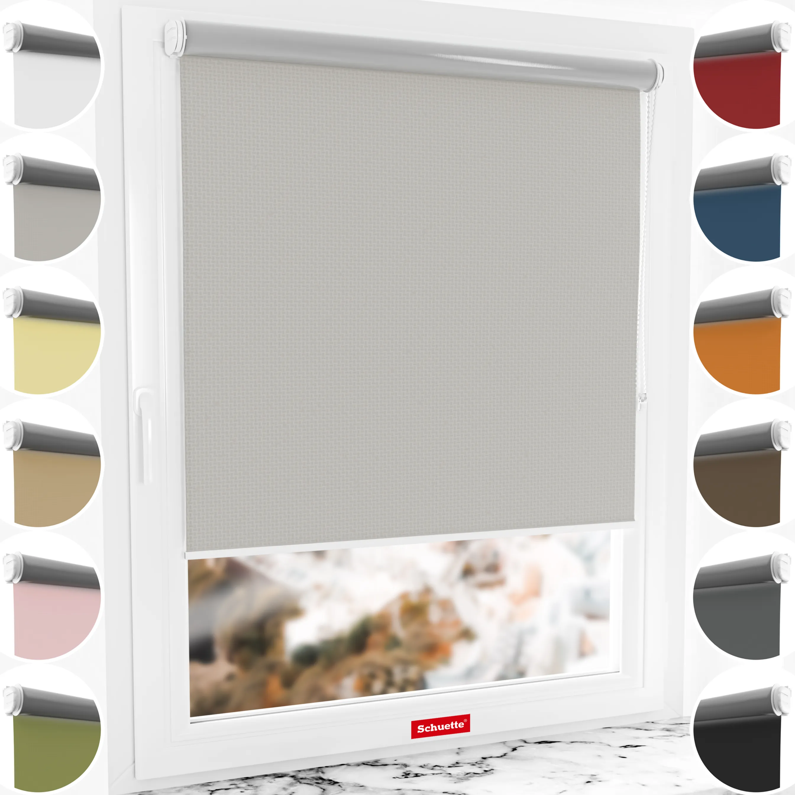 Schuette® Verdunkelungsrollo ohne Bohren & mit Bohren 2in1 nach Maß ● Kollektion Thermo Blackout: Foggy Morning (Grau) ● Profilfarbe: Braun