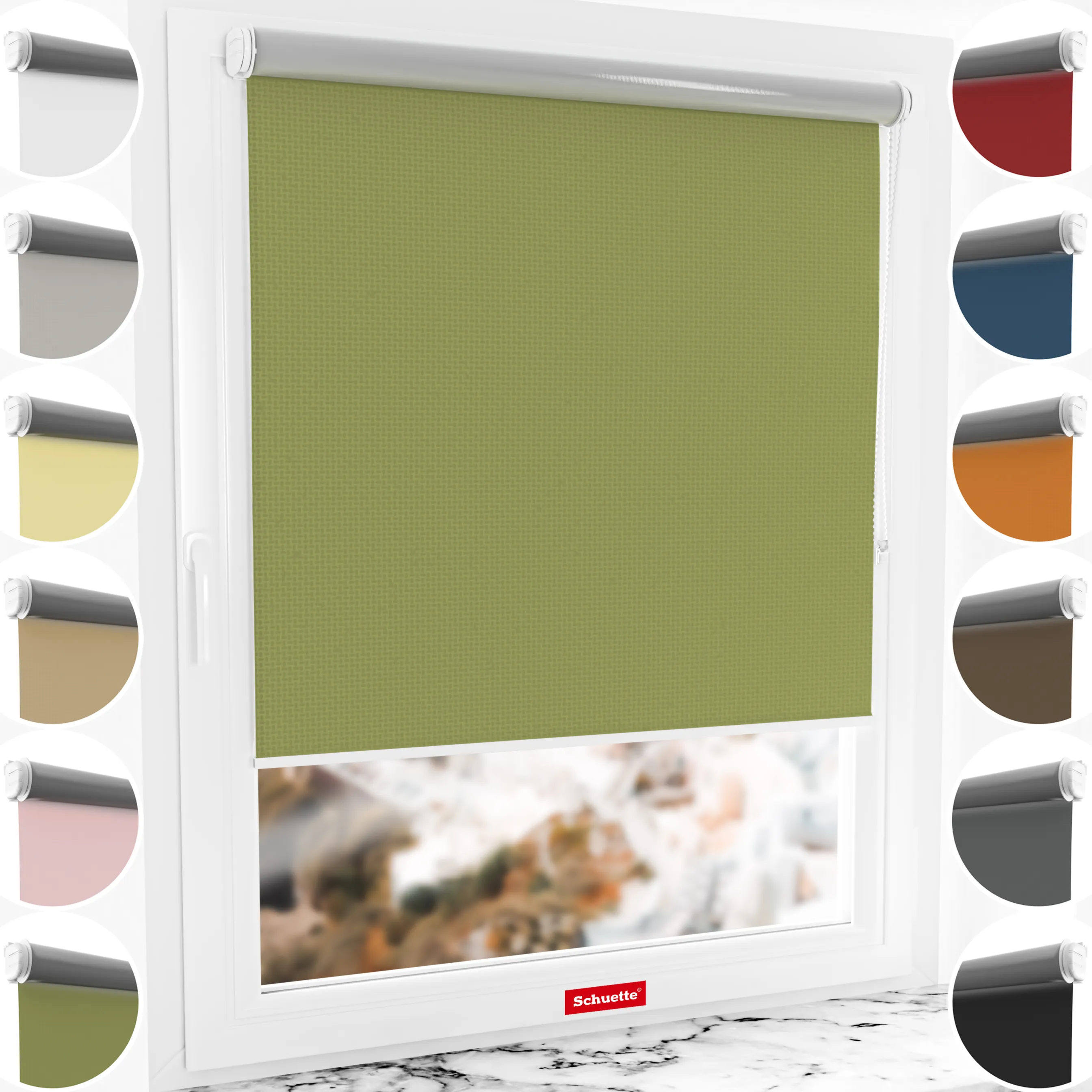 Schuette® Verdunkelungsrollo ohne Bohren & mit Bohren 2in1 nach Maß ● Kollektion Thermo Blackout: European Olive (Grün) ● Profilfarbe: Weiß
