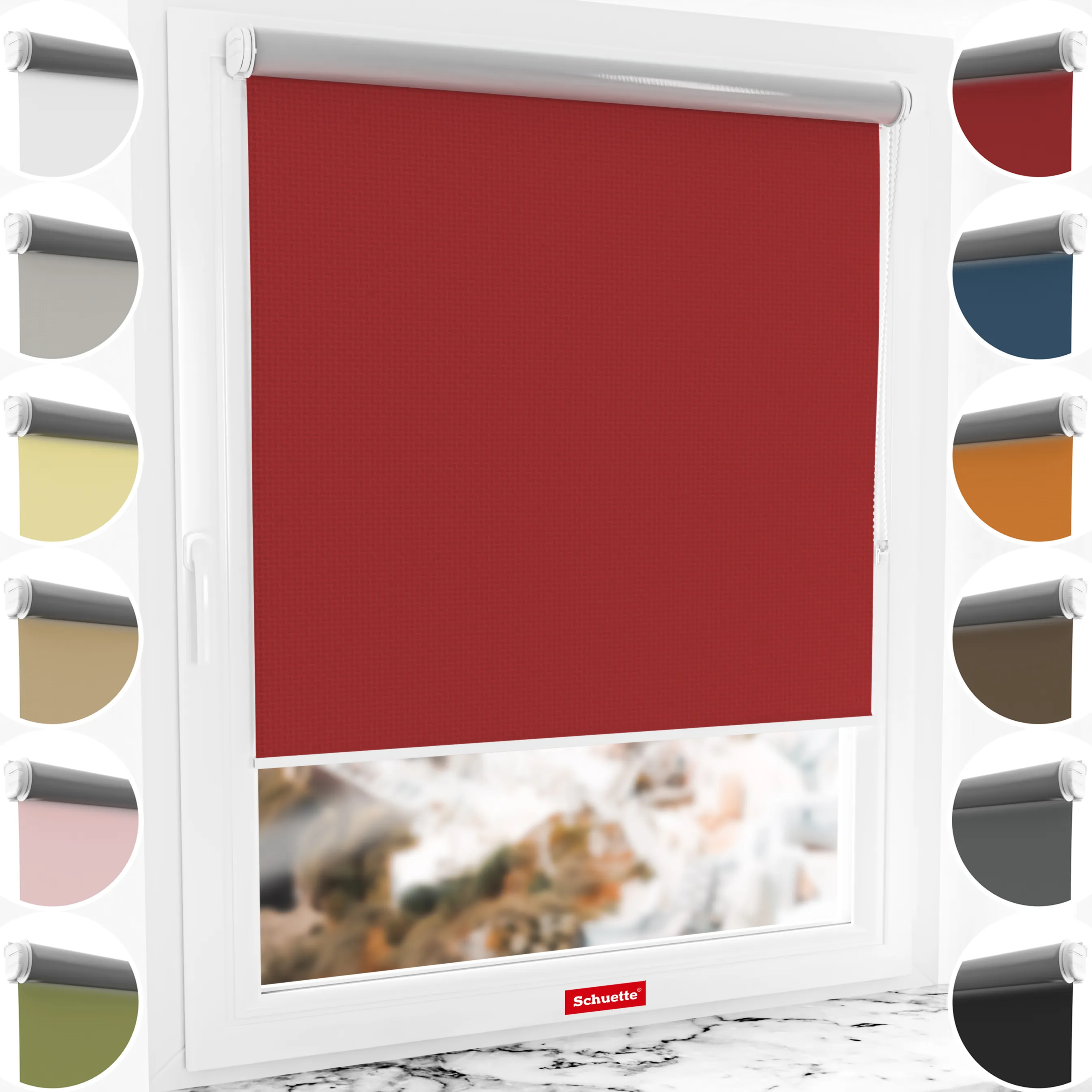 Schuette® Verdunkelungsrollo ohne Bohren & mit Bohren 2in1 nach Maß ● Kollektion Thermo Blackout: Candy Cherry (Rot) ● Profilfarbe: Grau