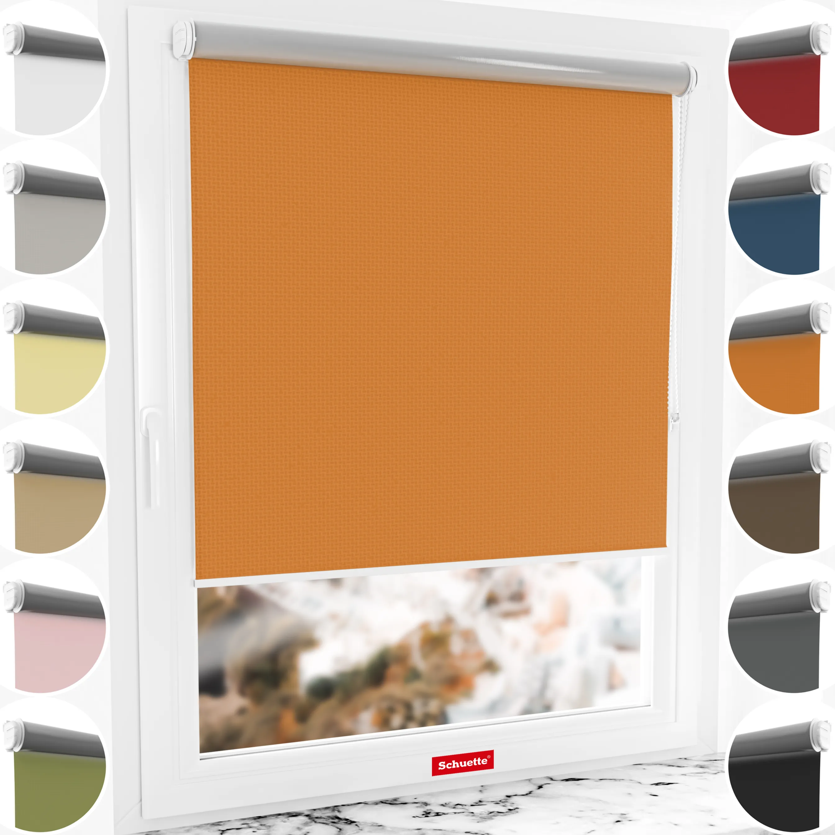 Schuette® Verdunkelungsrollo ohne Bohren & mit Bohren 2in1 nach Maß ● Kollektion Thermo Blackout: Tangerine Touch (Orange) ● Profilfarbe: Weiß