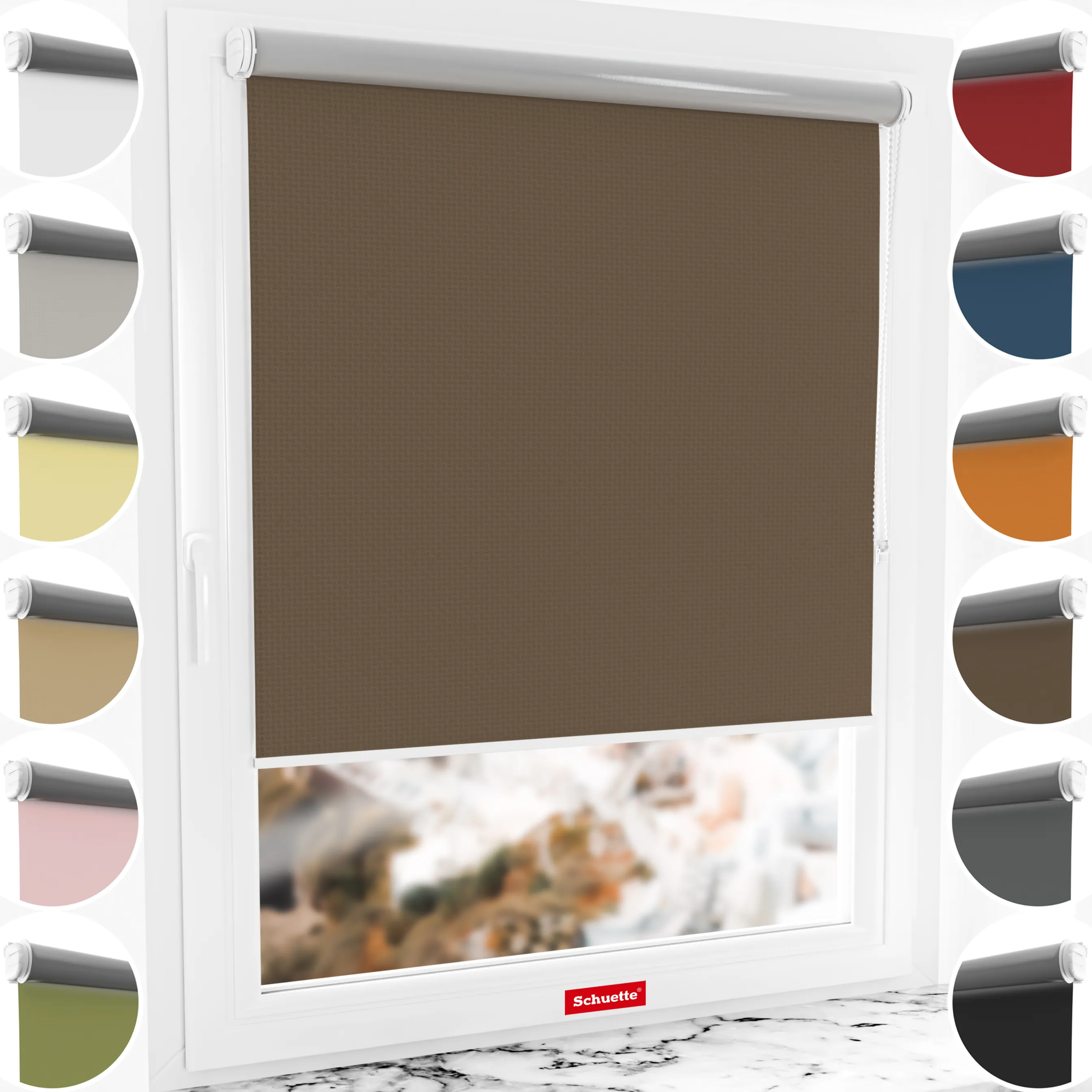 Schuette® Verdunkelungsrollo ohne Bohren & mit Bohren 2in1 nach Maß ● Kollektion Thermo Blackout: Dark Walnut (Braun) ● Profilfarbe: Schwarz