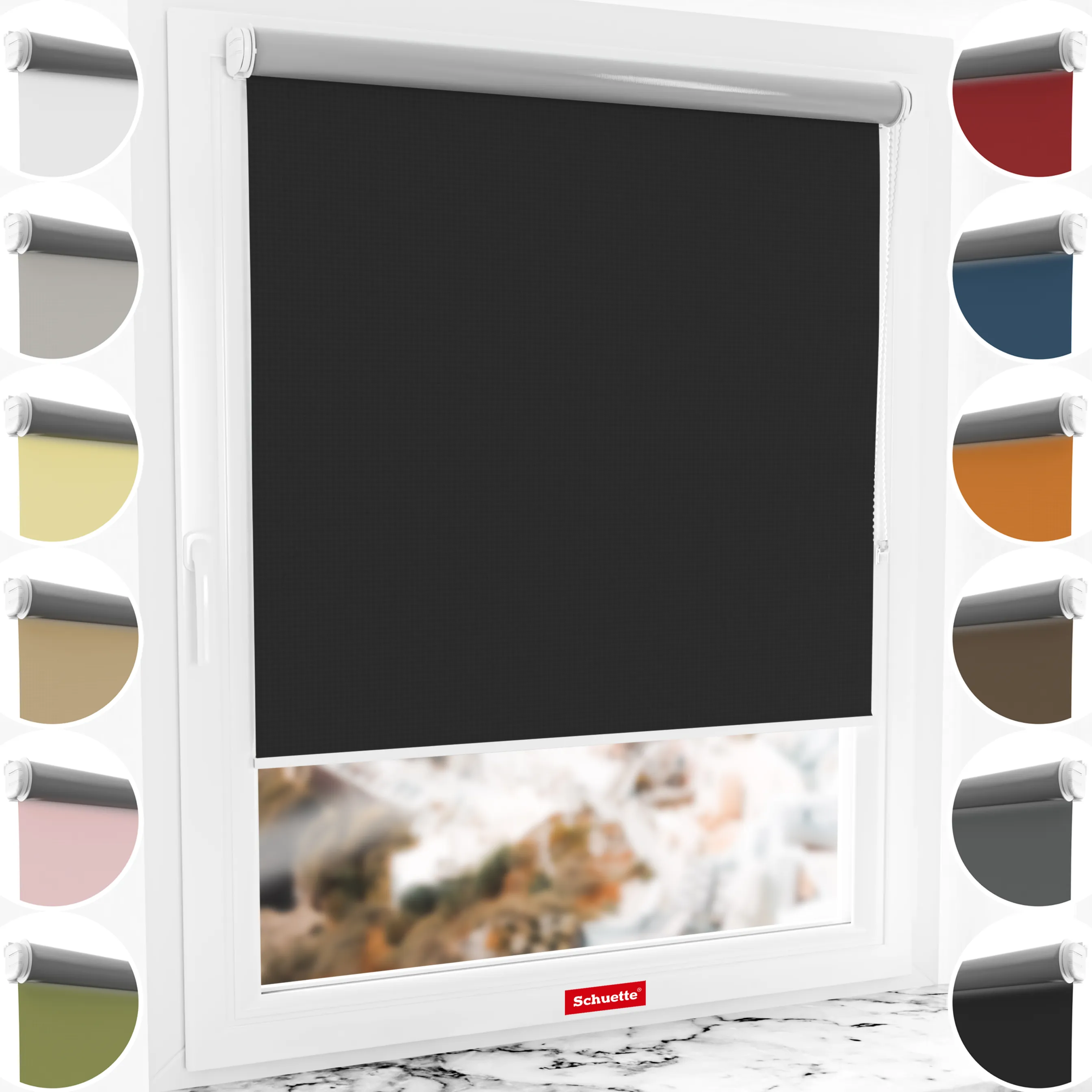 Schuette® Verdunkelungsrollo ohne Bohren & mit Bohren 2in1 nach Maß ● Kollektion Thermo Blackout: Onyx Stone (Schwarz) ● Profilfarbe: Weiß
