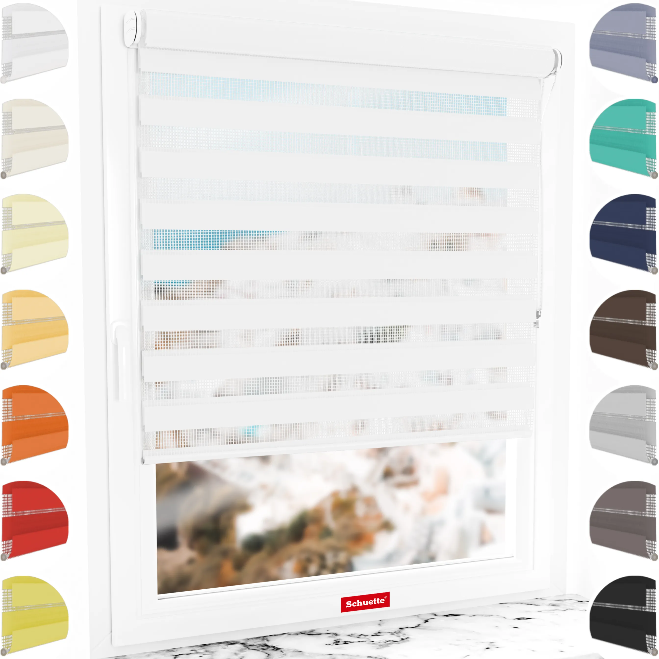Schuette® Tag und Nacht Rollo ohne Bohren & mit Bohren 2in1 nach Maß • Doppelrollo Kollektion: White Snow (Weiß) • Profilfarbe: Braun