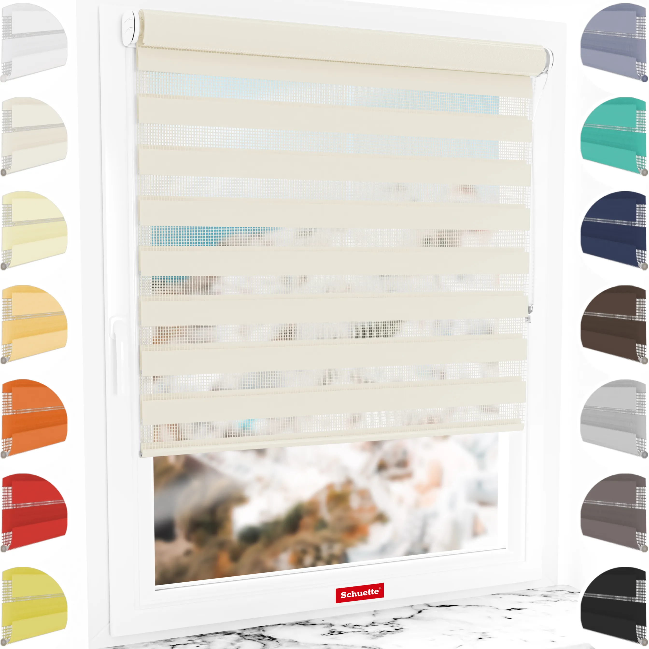 Schuette® Tag und Nacht Rollo ohne Bohren & mit Bohren 2in1 nach Maß • Doppelrollo Kollektion: Cream Cake (Beige) • Profilfarbe: Weiß