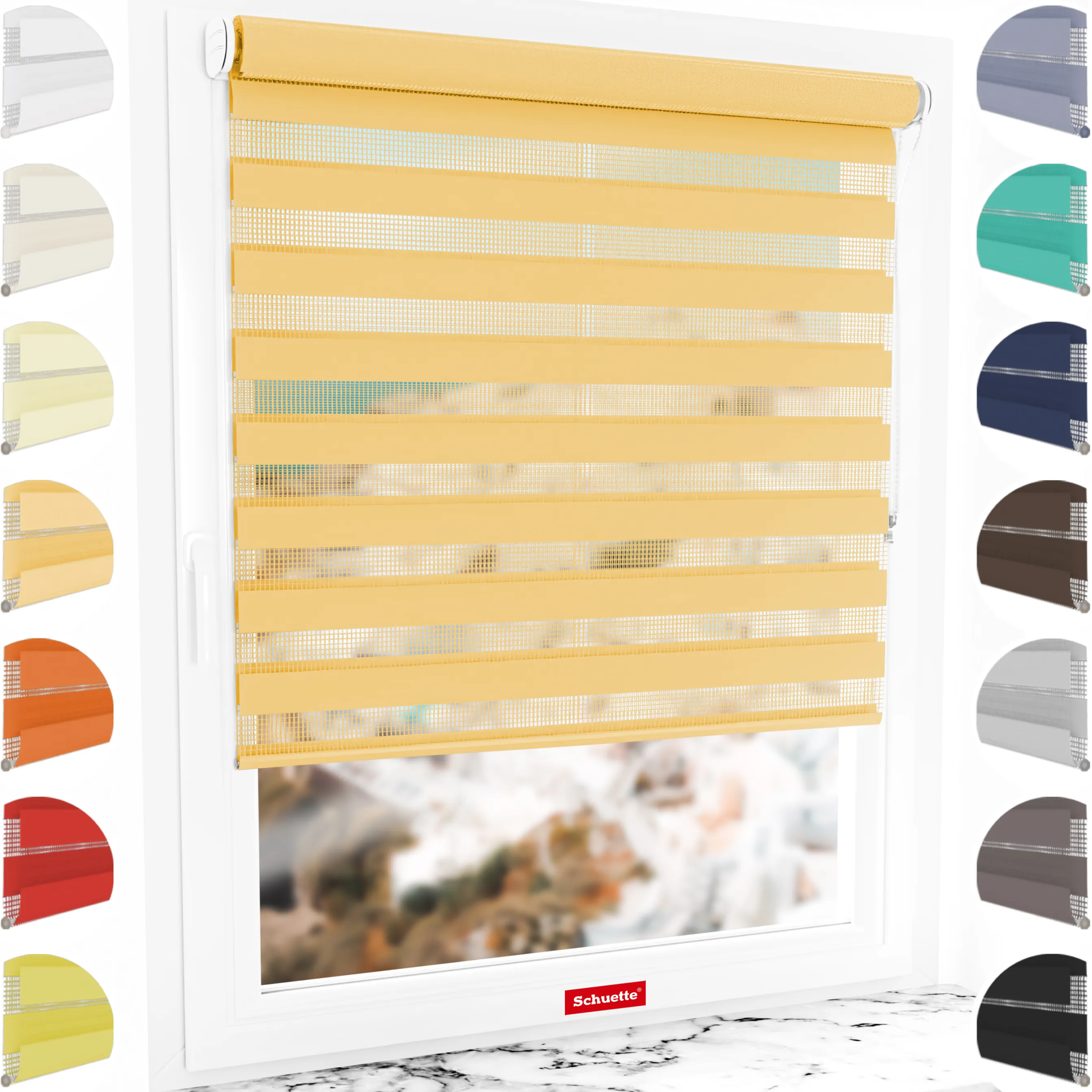 Schuette® Tag und Nacht Rollo ohne Bohren & mit Bohren 2in1 nach Maß • Doppelrollo Kollektion: Sand Castle (Beige) • Profilfarbe: Grau