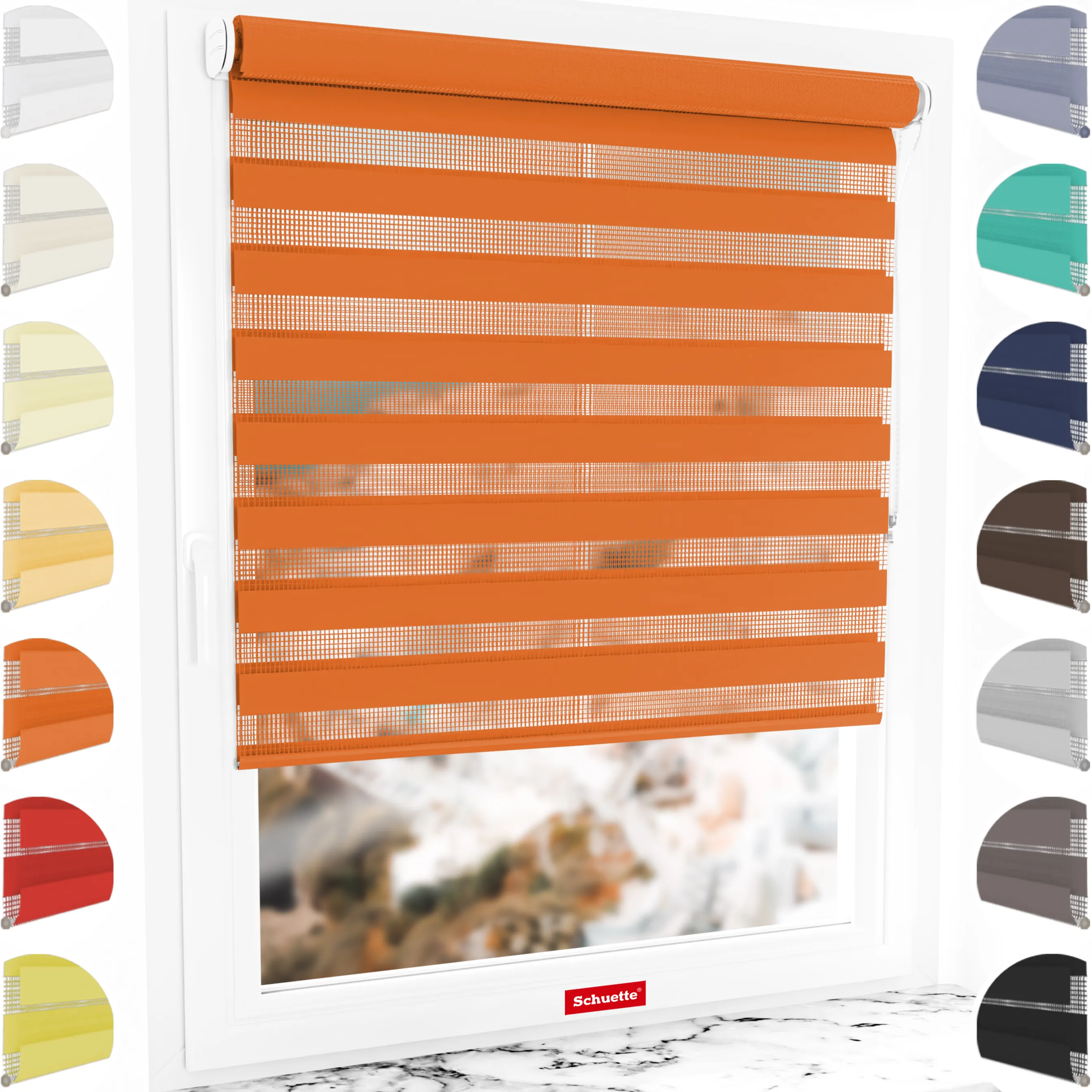 Schuette® Tag und Nacht Rollo ohne Bohren & mit Bohren 2in1 nach Maß • Doppelrollo Kollektion: Sweet Orange (Orange) • Profilfarbe: Schwarz