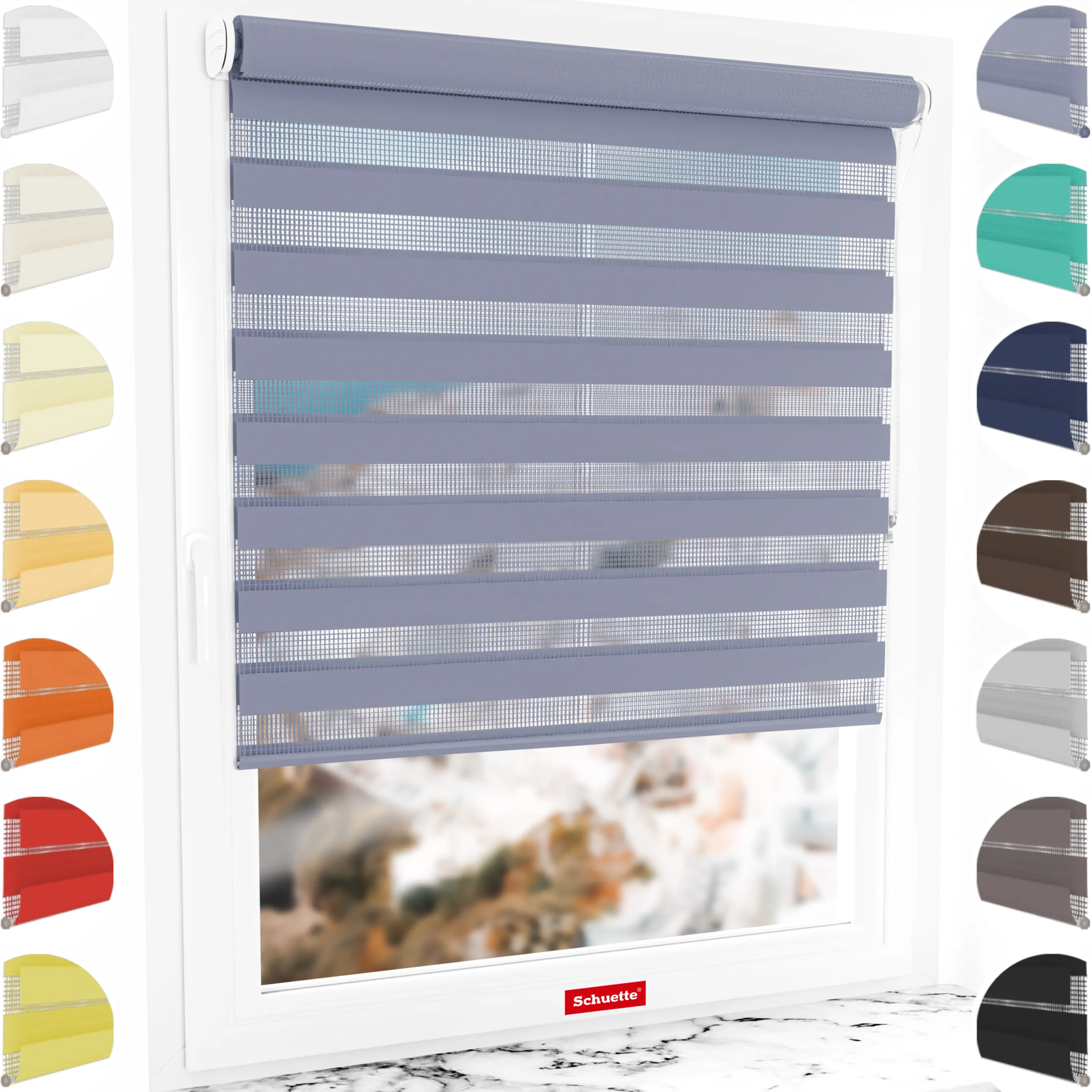 Schuette® Tag und Nacht Rollo ohne Bohren & mit Bohren 2in1 nach Maß • Doppelrollo Kollektion: Blooming Iris (Violett) • Profilfarbe: Weiß