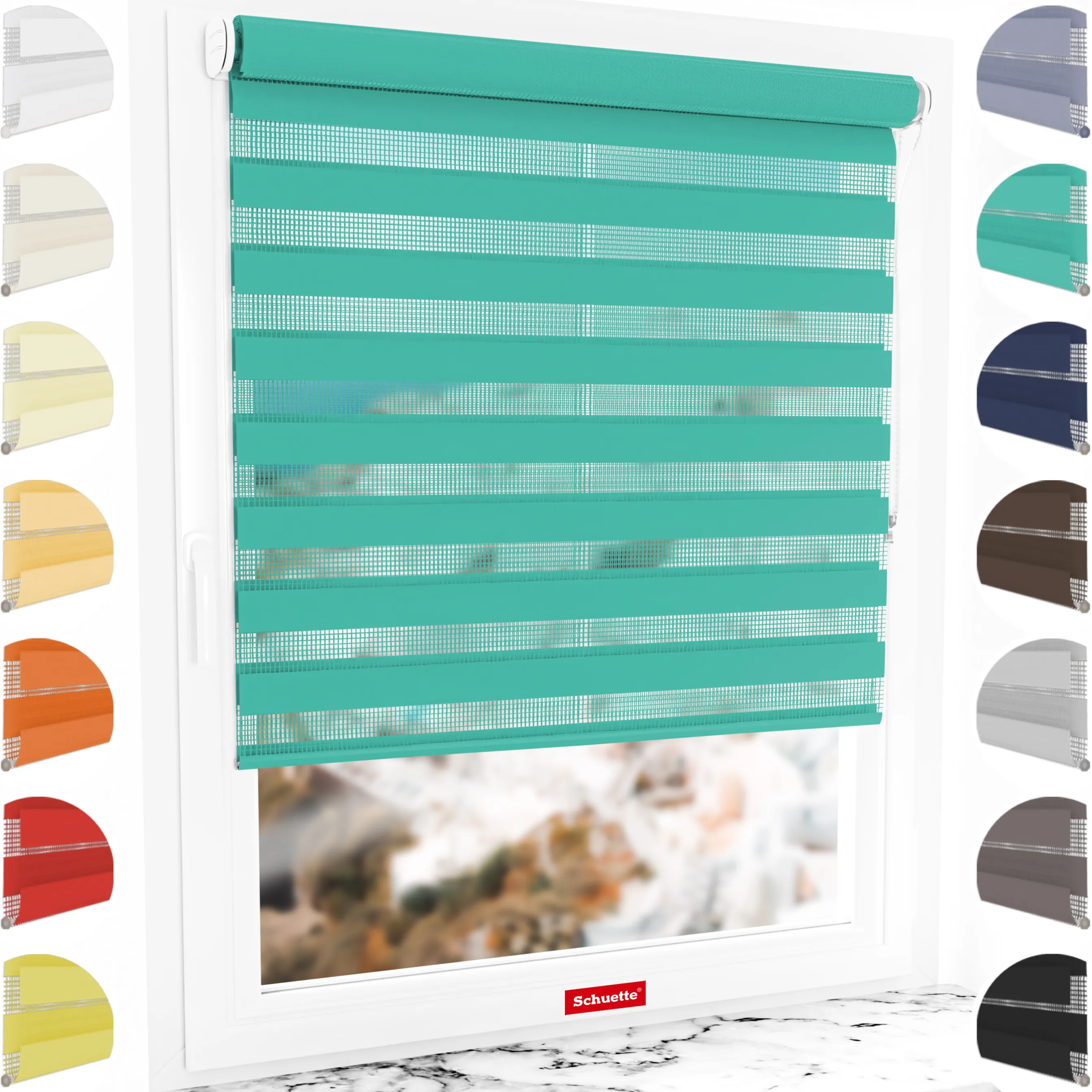 Schuette® Tag und Nacht Rollo ohne Bohren & mit Bohren 2in1 nach Maß • Doppelrollo Kollektion: Sea Eye (Türkis) • Profilfarbe: Weiß