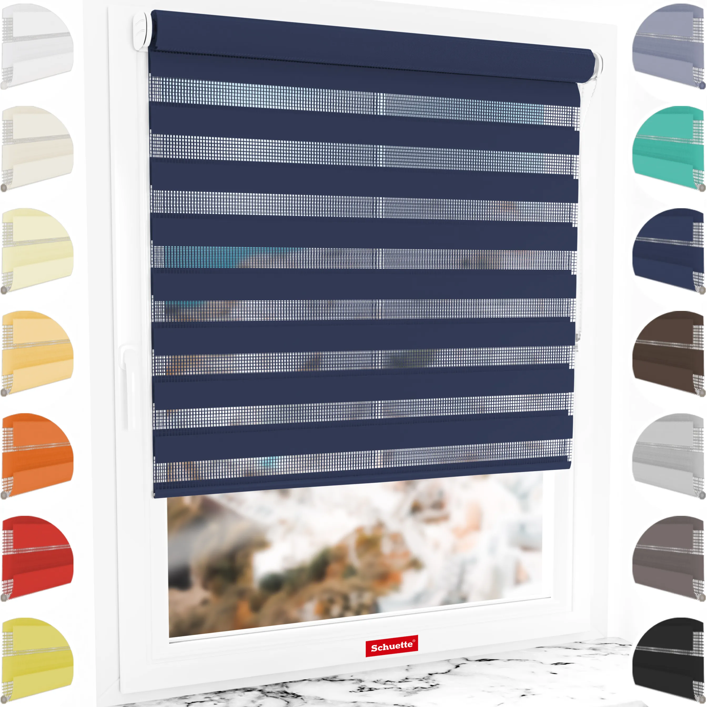 Schuette® Tag und Nacht Rollo ohne Bohren & mit Bohren 2in1 nach Maß • Doppelrollo Kollektion: Azure Coast (Dunkelblau) • Profilfarbe: Schwarz