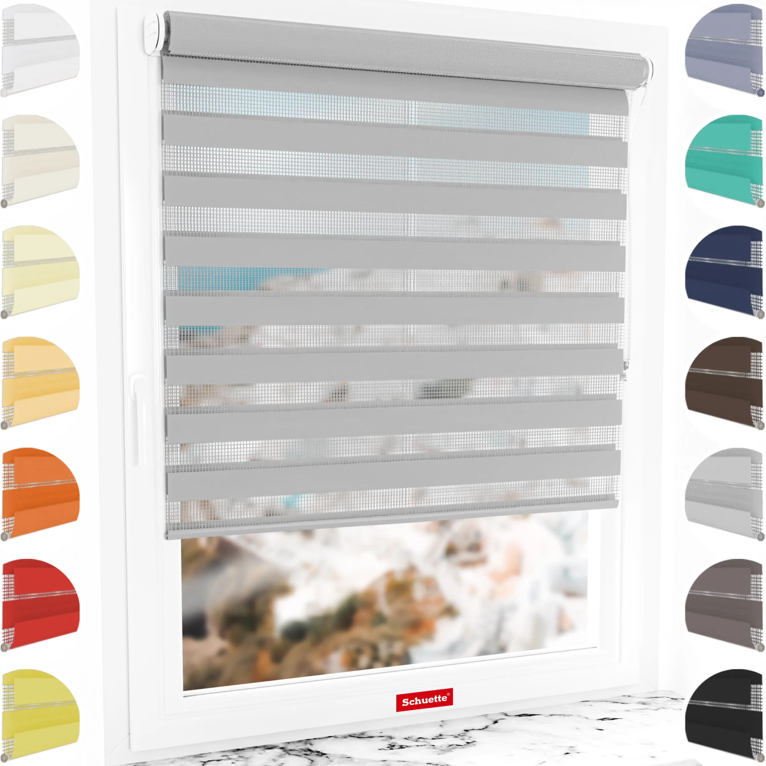 Schuette® Tag und Nacht Rollo ohne Bohren & mit Bohren 2in1 nach Maß • Doppelrollo Kollektion: Cloudy Day (Grau) • Profilfarbe: Grau