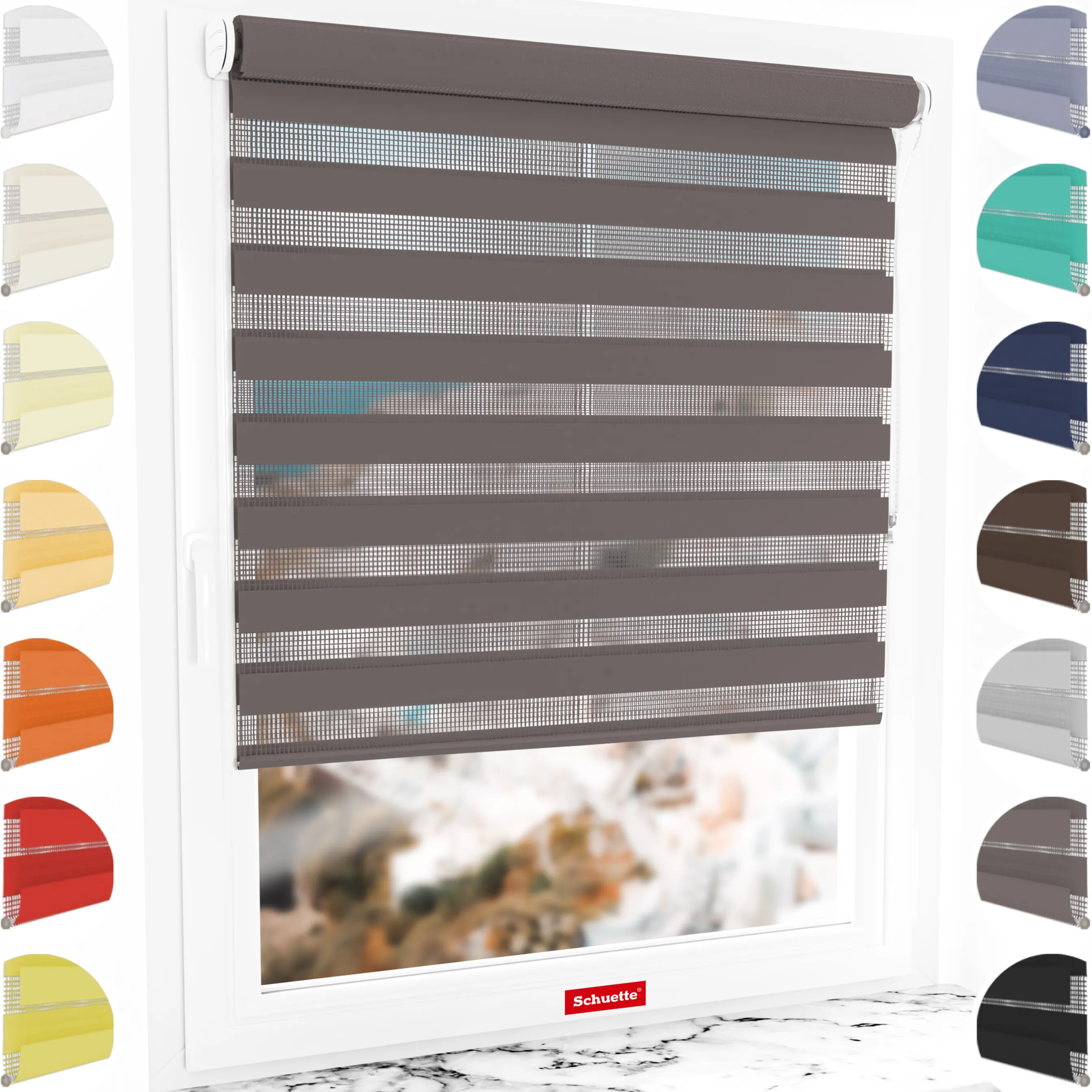 Schuette® Tag und Nacht Rollo ohne Bohren & mit Bohren 2in1 nach Maß • Doppelrollo Kollektion: Grey Lead (Grau) • Profilfarbe: Braun
