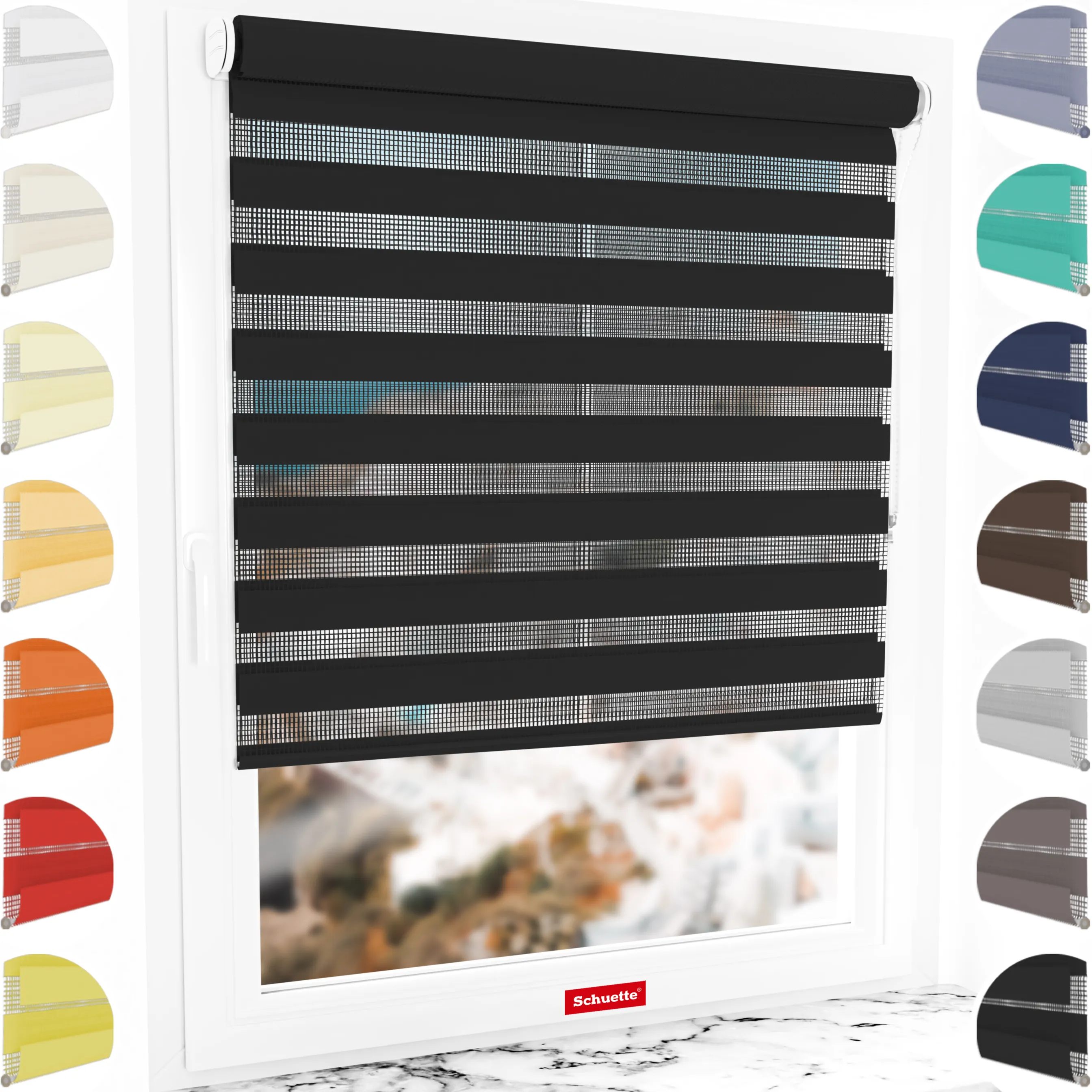 Schuette® Tag und Nacht Rollo ohne Bohren & mit Bohren 2in1 nach Maß • Doppelrollo Kollektion: Black Flag (Schwarz) • Profilfarbe: Weiß