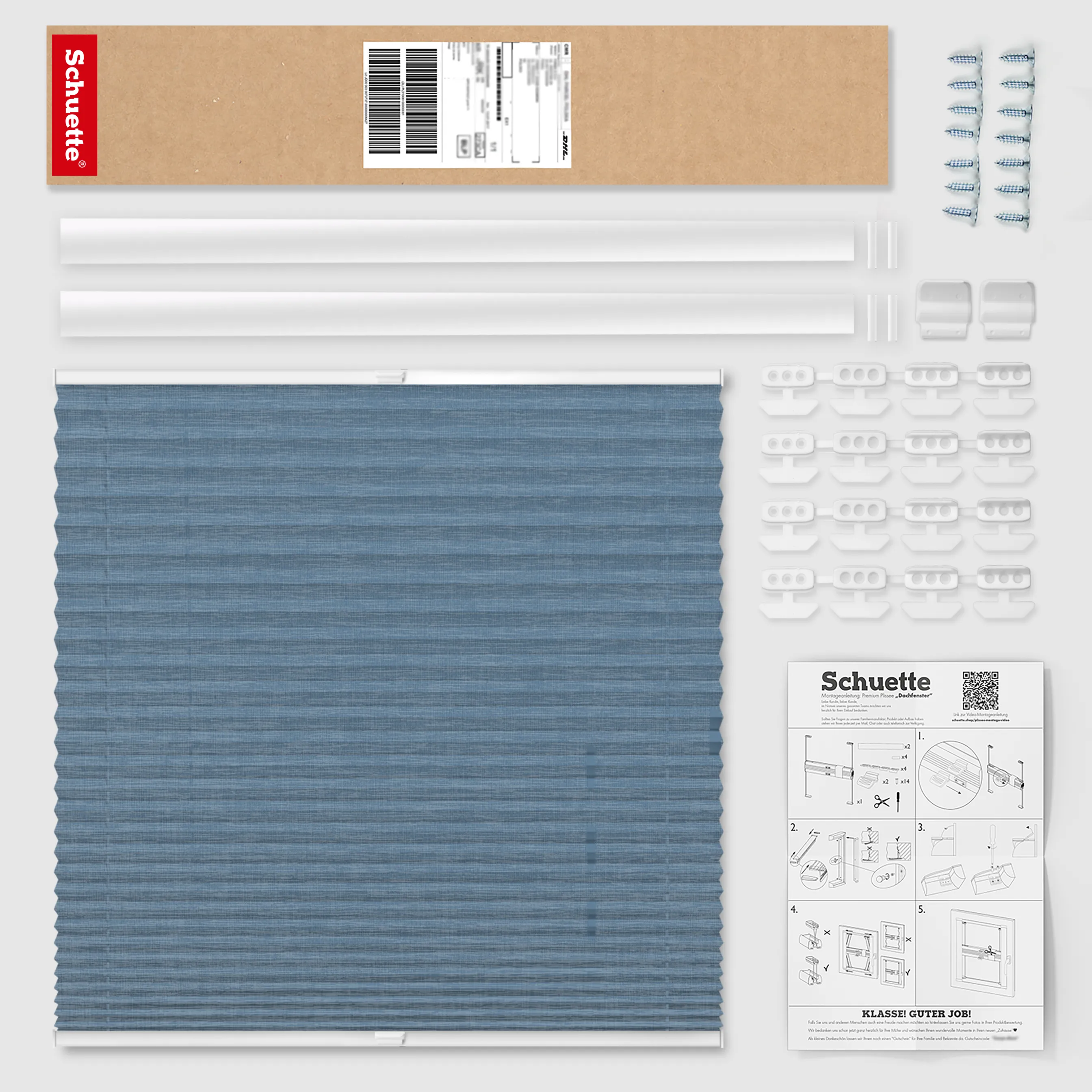 Schuette® Dachfenster Plissee nach Maß • Melange Kollektion: After Rain (Blau) • Profilfarbe: Walnuss