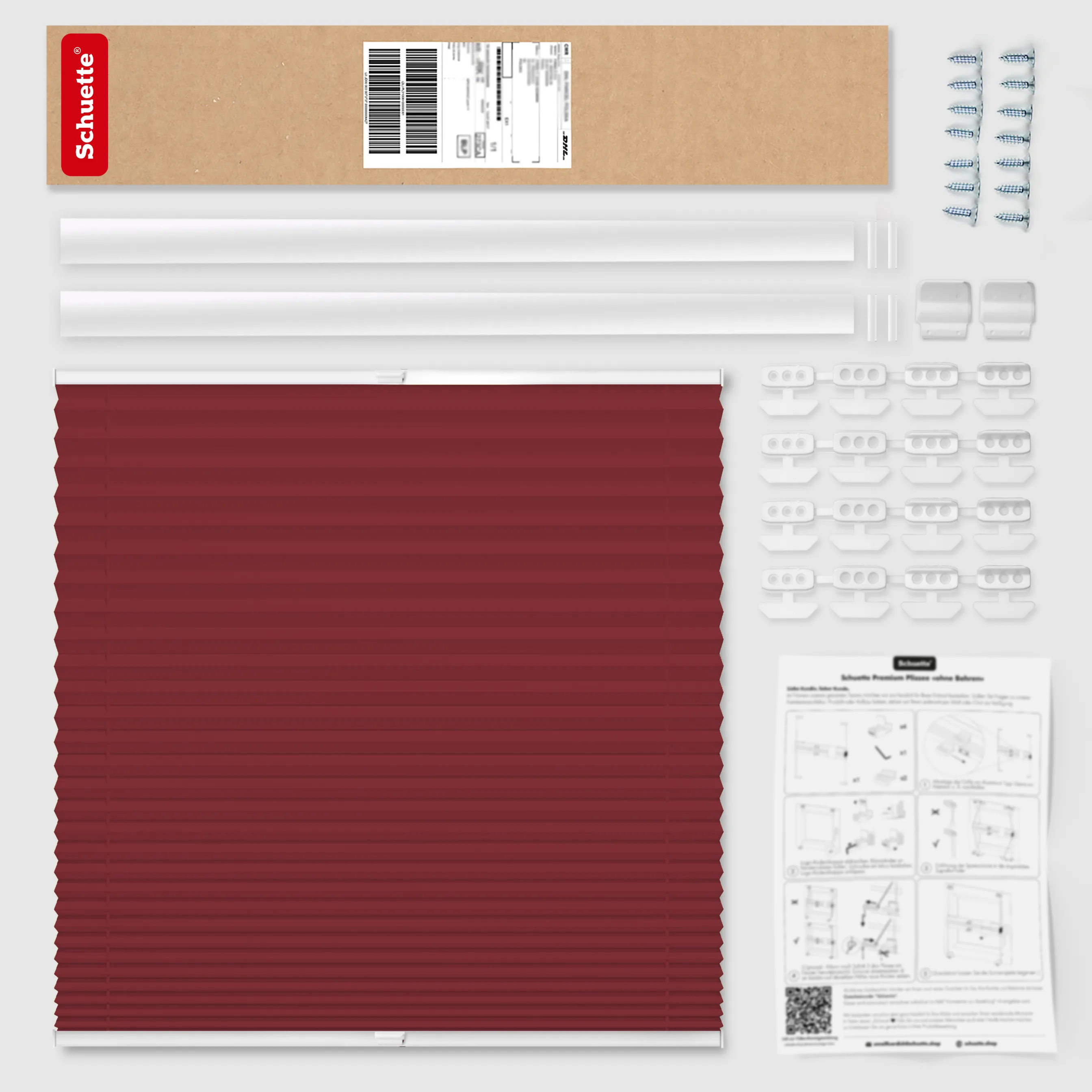 Schuette® Dachfenster Plissee nach Maß • Premium Kollektion: Ruby Riddle (Dunkelrot) • Profilfarbe: Walnuss