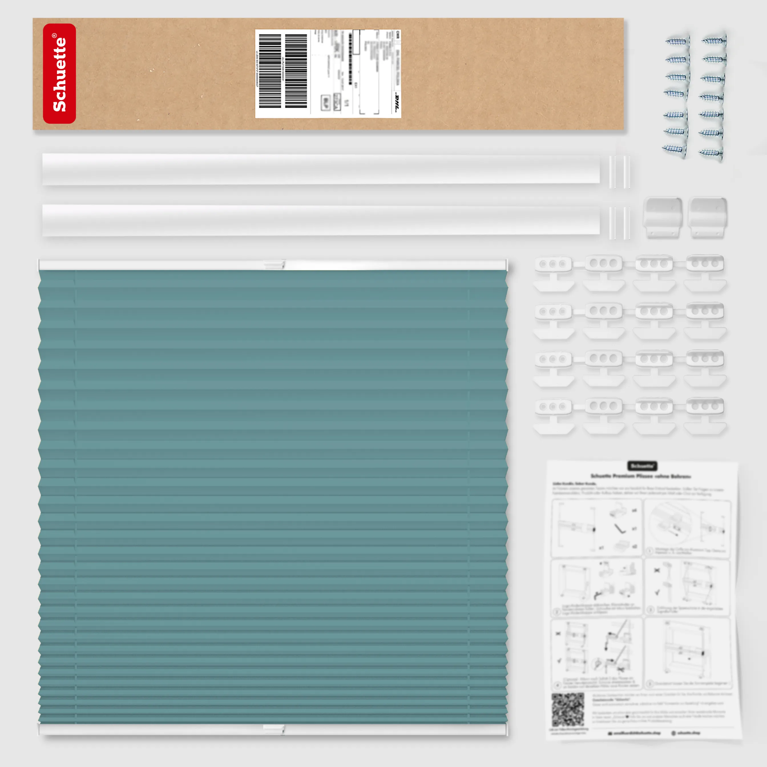 Schuette® Dachfenster Plissee nach Maß • Premium Kollektion: Cove Calm (Taubenblau) • Profilfarbe: Walnuss