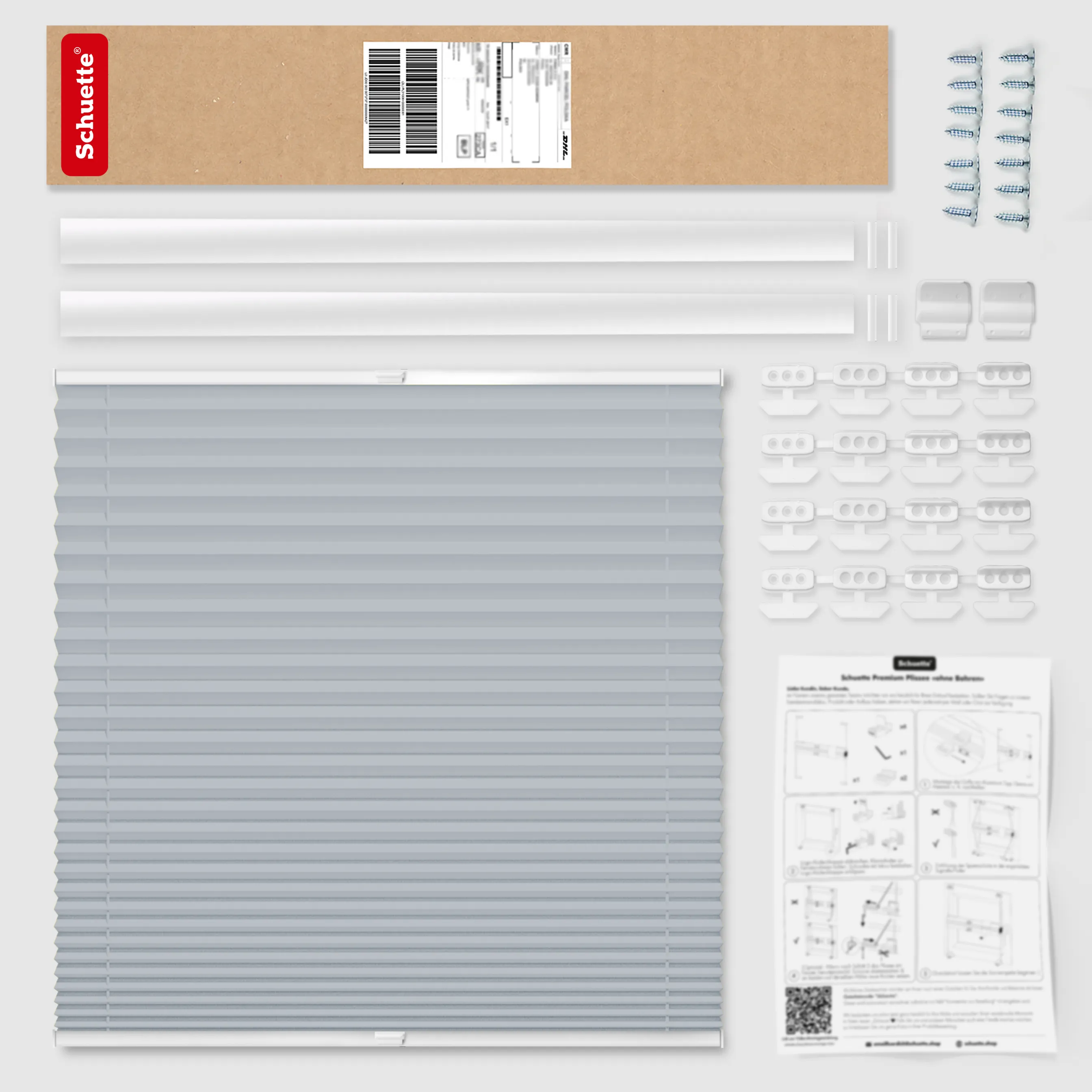 Schuette® Dachfenster Plissee nach Maß • Premium Kollektion: Silver Sonata (Grau) • Profilfarbe: Walnuss