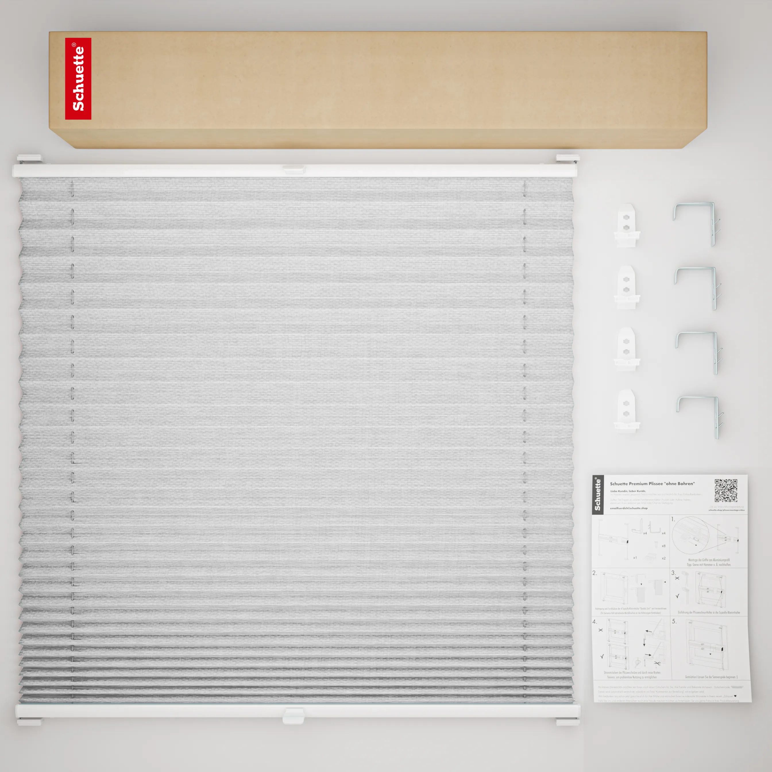 Schuette® Plissee mit Bohren nach Maß • Suprafix "Double 2in1" Schraub- & Klemmhalter • Dolomite Kollektion: Storm Gray (Grau) • Profilfarbe: Walnuss