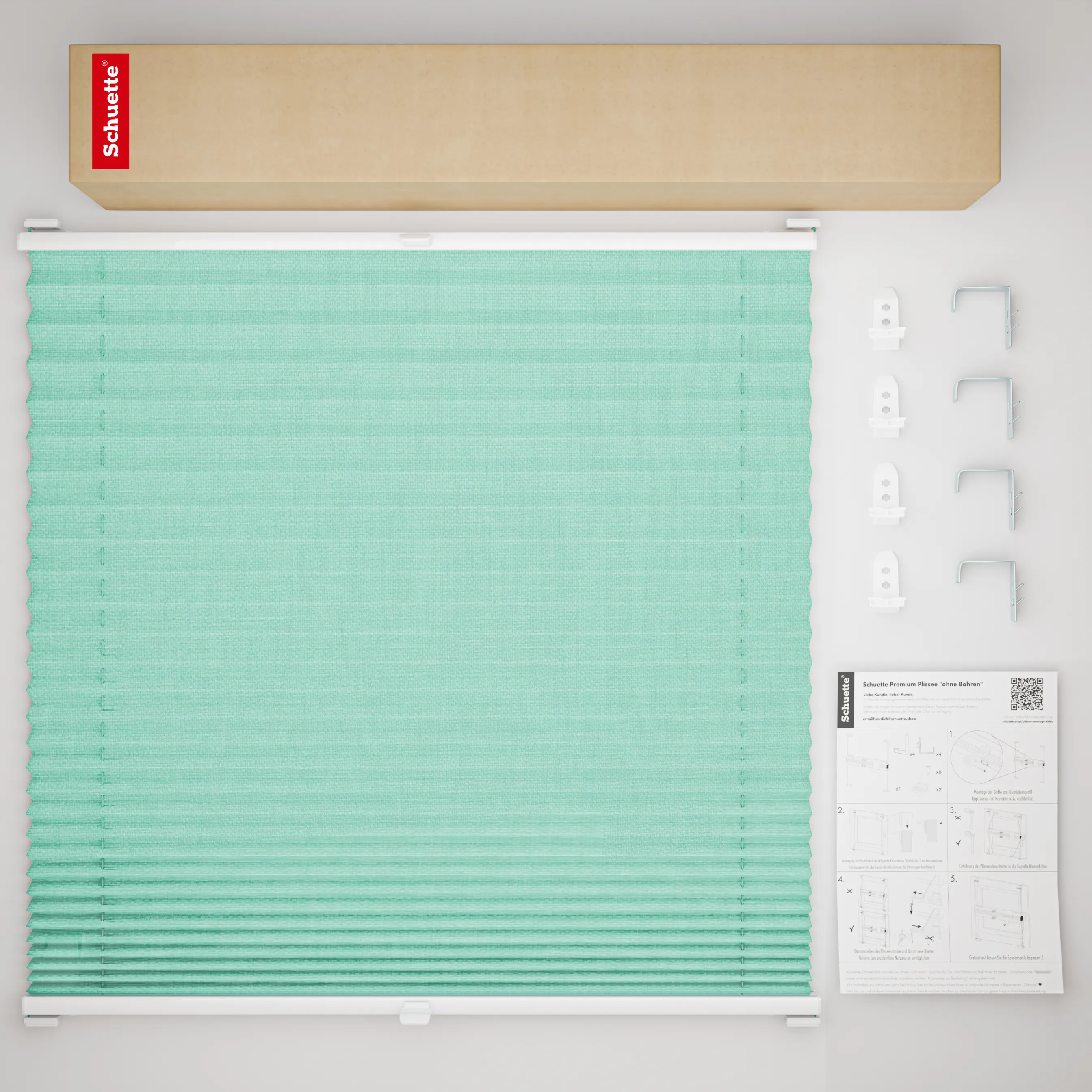 Schuette® Plissee mit Bohren nach Maß • Suprafix "Double 2in1" Schraub- & Klemmhalter • Melange Kollektion: Mint Ice Cream (Grün) • Profilfarbe: Braun