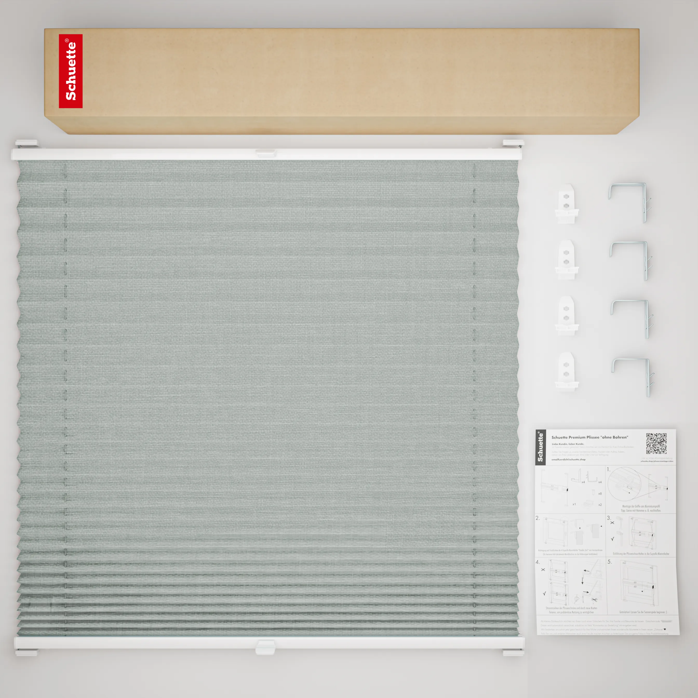 Schuette® Plissee mit Bohren nach Maß • Suprafix "Double 2in1" Schraub- & Klemmhalter • Melange Kollektion: On The Road (Grau) • Profilfarbe: Eiche