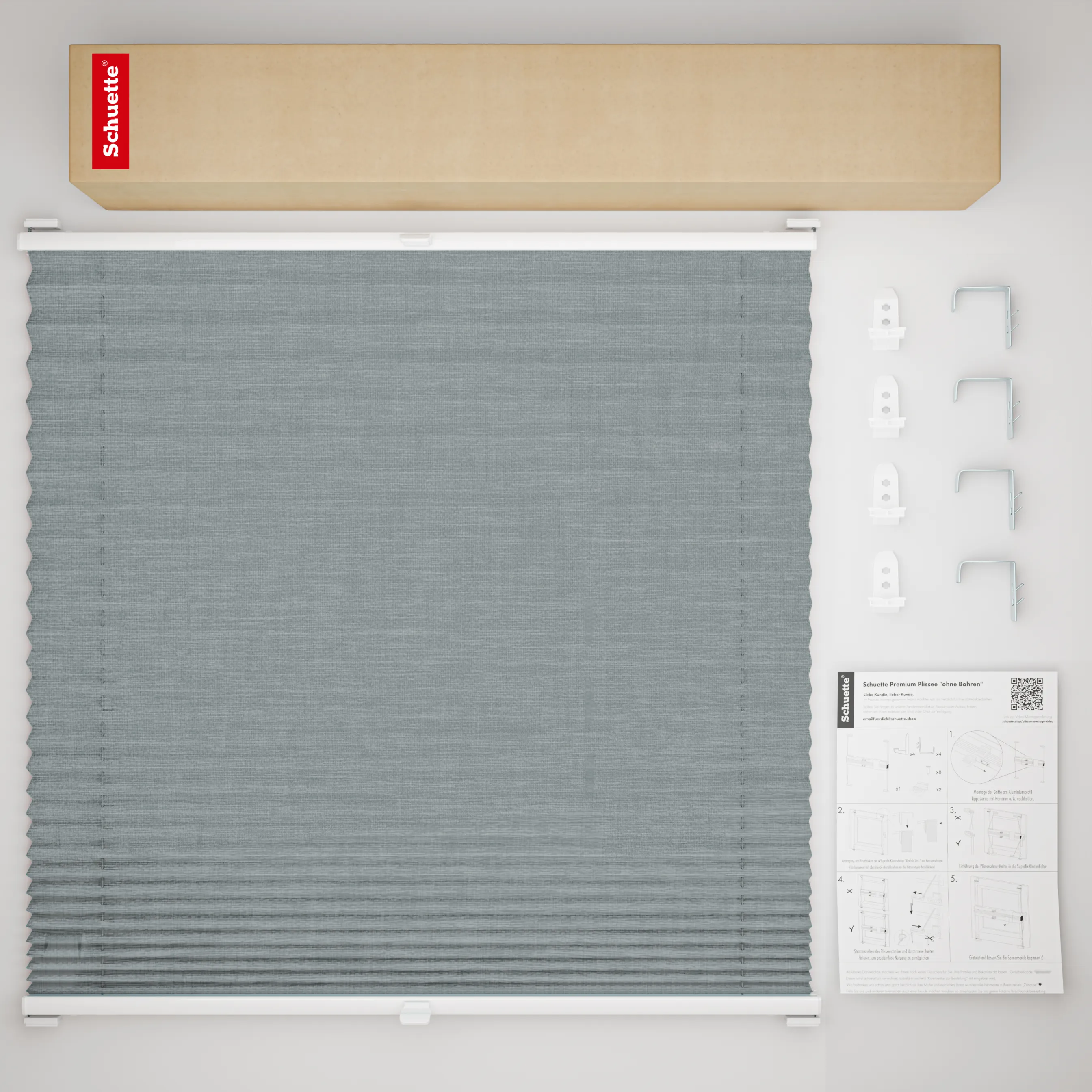 Schuette® Plissee mit Bohren nach Maß • Suprafix "Double 2in1" Schraub- & Klemmhalter • Melange Kollektion: Rocky Mountain (Grau) • Profilfarbe: Weiß