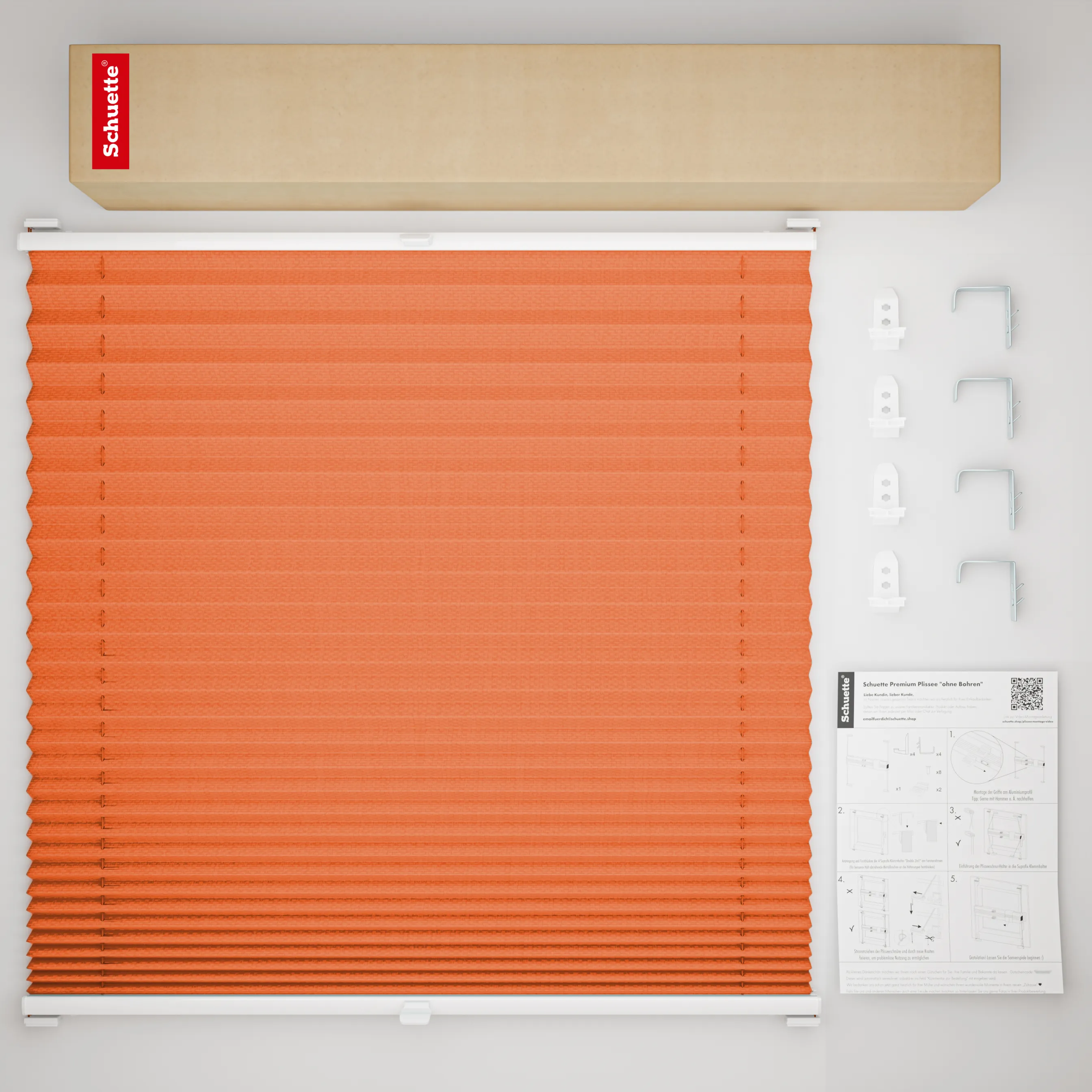 Schuette® Plissee mit Bohren nach Maß • Suprafix "Double 2in1" Schraub- & Klemmhalter • Premium Kollektion: Sunset (Orange) • Profilfarbe: Braun