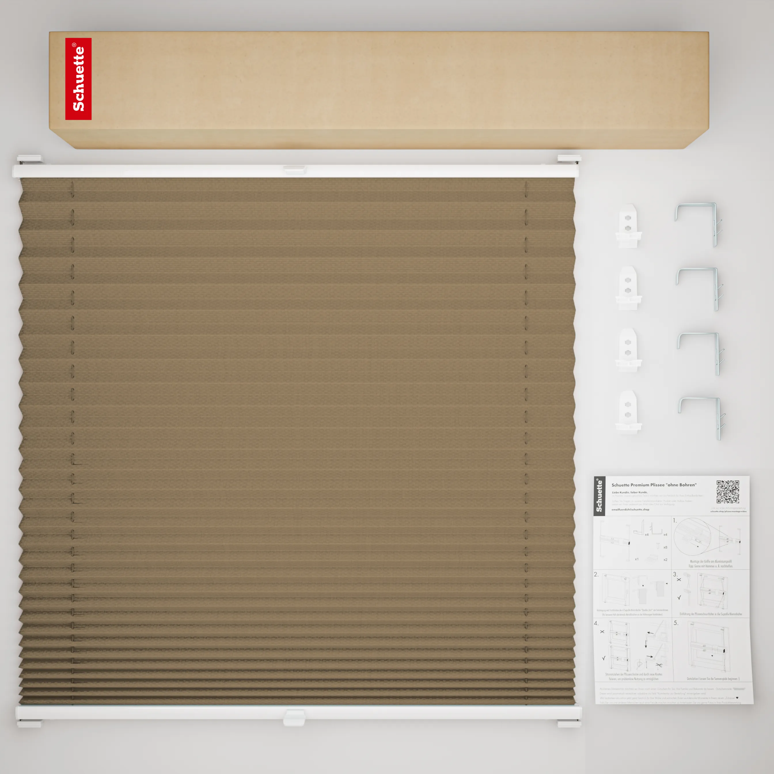 Schuette® Plissee mit Bohren nach Maß • Suprafix "Double 2in1" Schraub- & Klemmhalter • Premium Kollektion: Morning Coffee (Hellbraun) • Profilfarbe: Silber