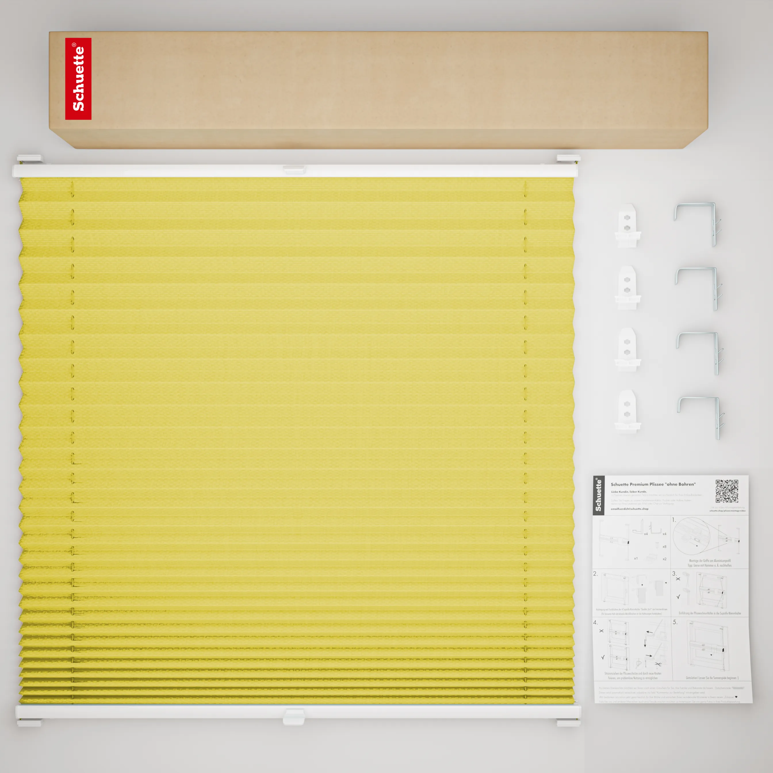 Schuette® Plissee mit Bohren nach Maß • Suprafix "Double 2in1" Schraub- & Klemmhalter • Premium Kollektion: Summer Time (Gelb) • Profilfarbe: Walnuss