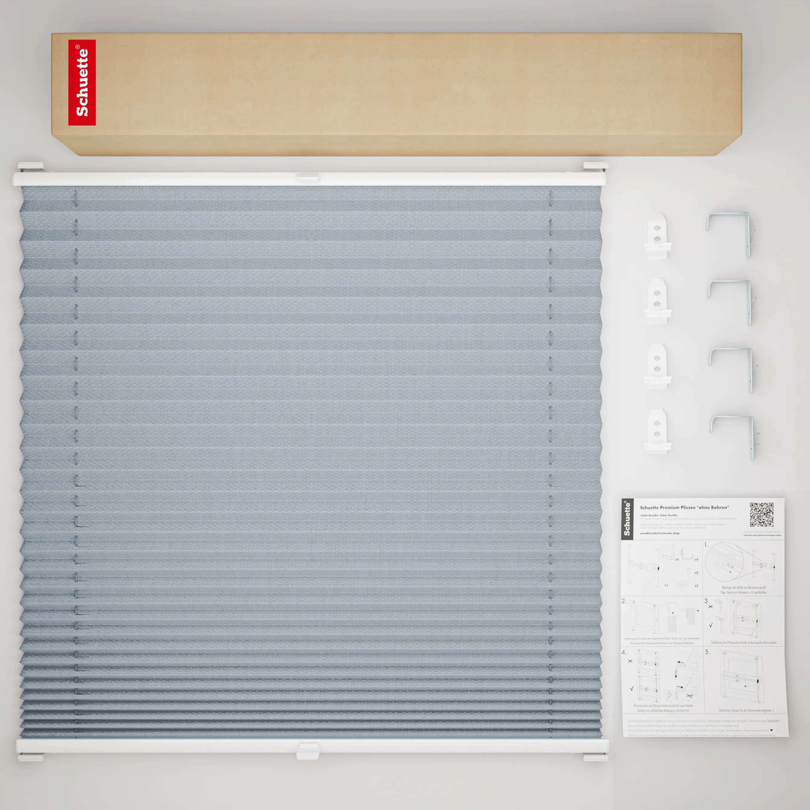 Schuette® Plissee mit Bohren nach Maß • Suprafix "Double 2in1" Schraub- & Klemmhalter • Premium Kollektion: Silver Sonata (Grau) • Profilfarbe: Walnuss